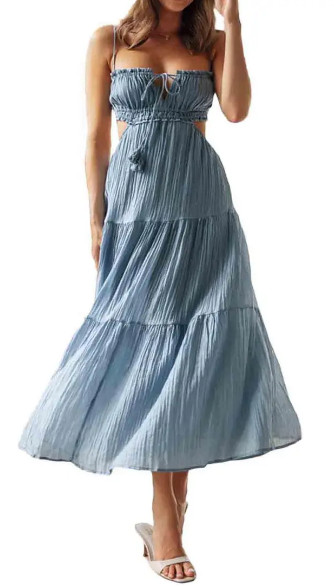 Molasey Tie Up Backless Ruffle Maxi Dress Blue Large Sexy Party Prom Cocktail