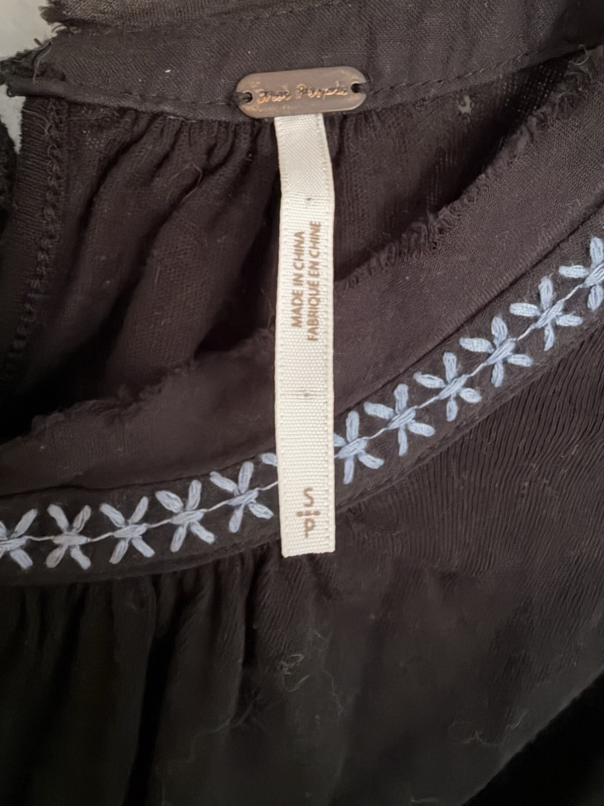 Free People Black Embroidered Round Neck Tunic Blouse Long Sleeve Size M