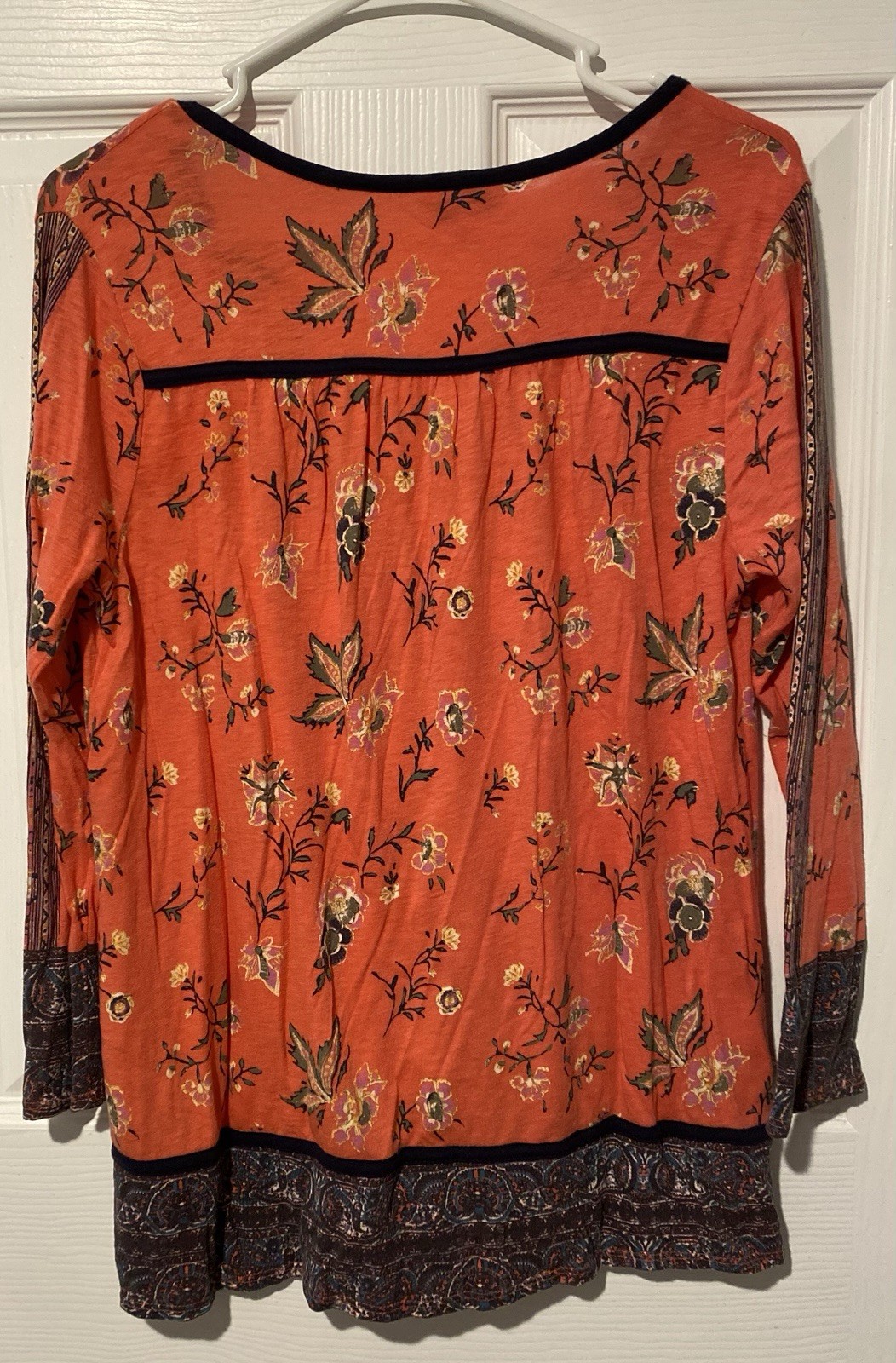 Lucky Brand Women’s S Orange/Blue Floral Cotton Knit V-Neck Tunic Blouse