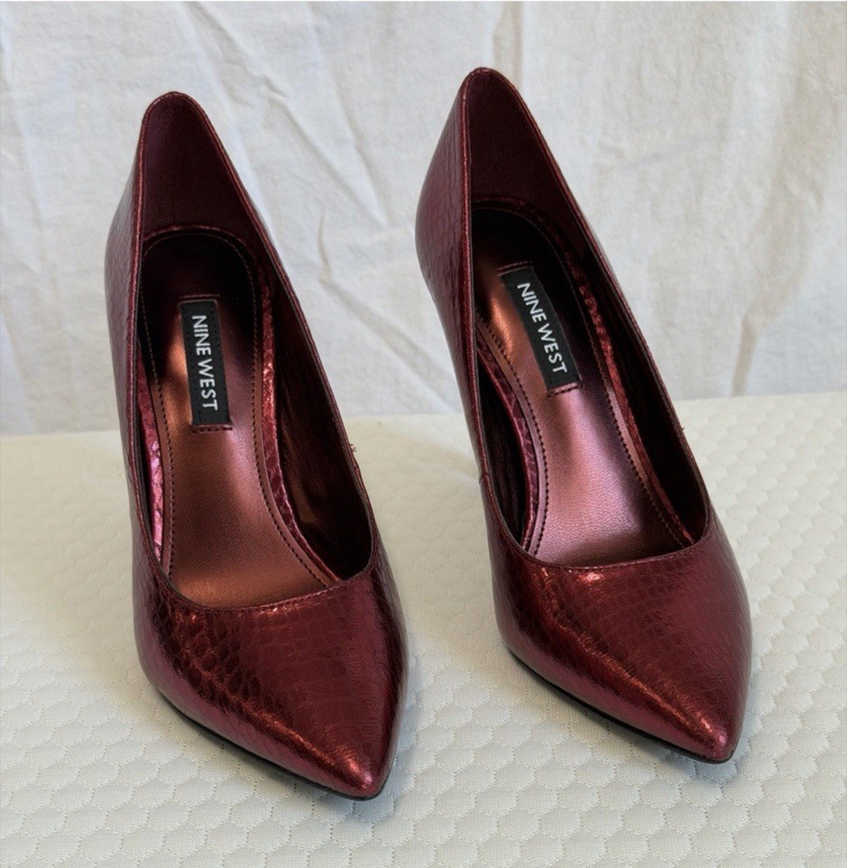 Nine West Women’s Wine Red Metallic Leather Pointed Toe Stiletto Pumps 5