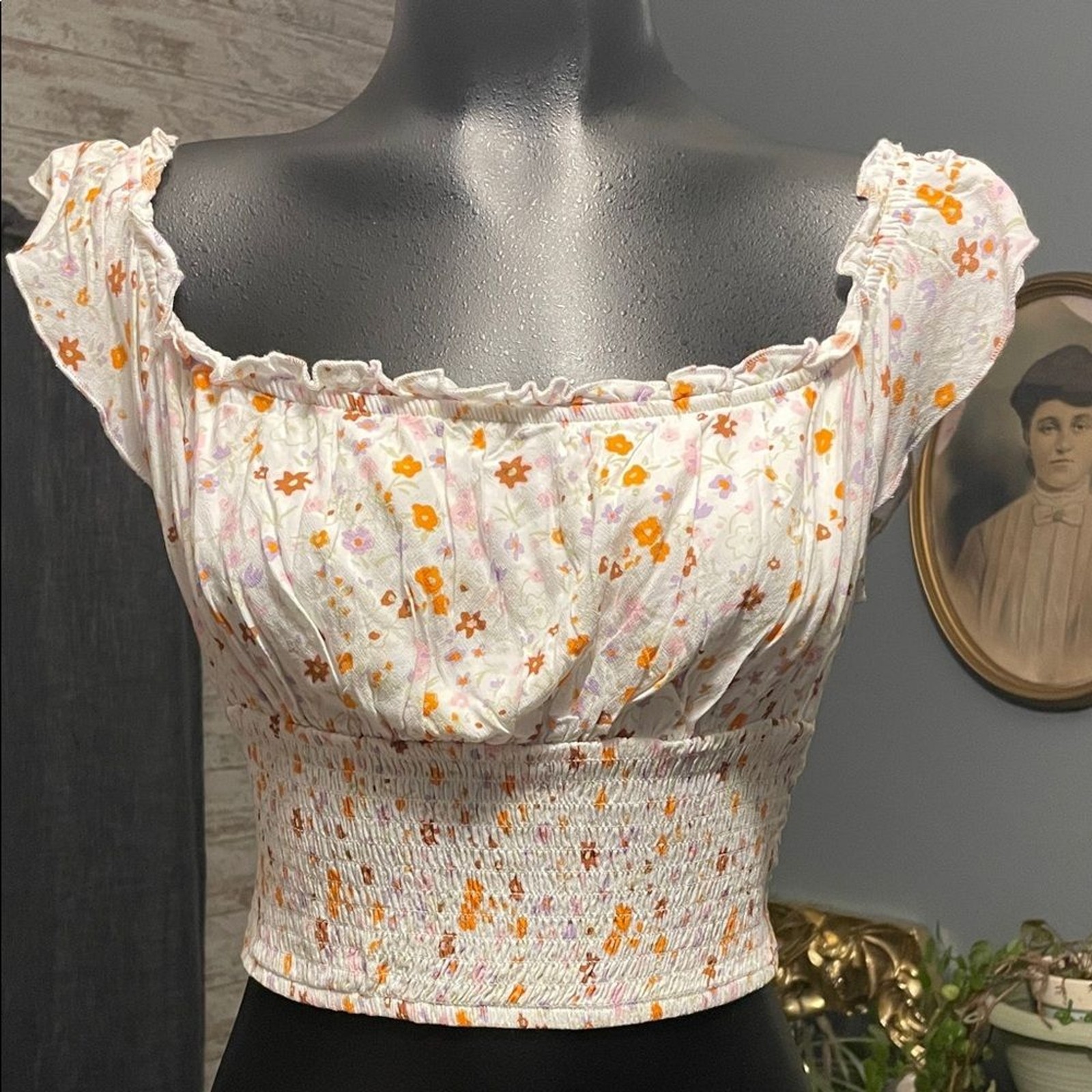 La Hearts Floral Smocked Crop Top – White and Orange