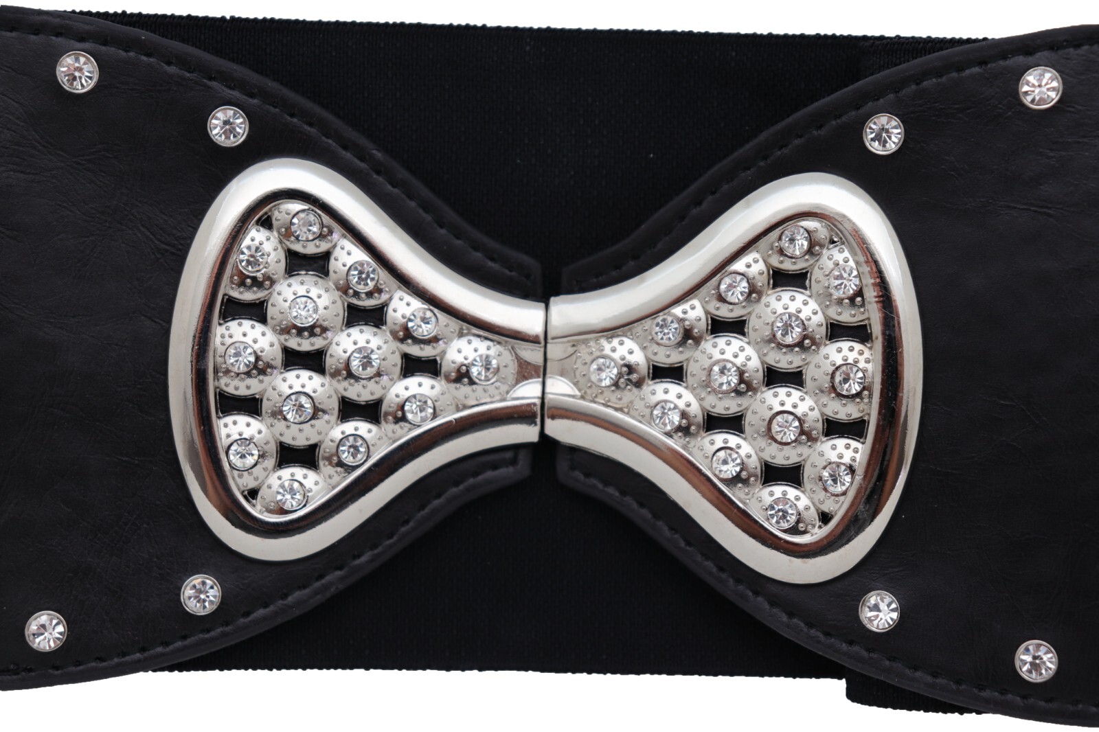 Women Wide Black Elastic Gift Present Belt Bling Bow Tie Ribbon Buckle Size S M