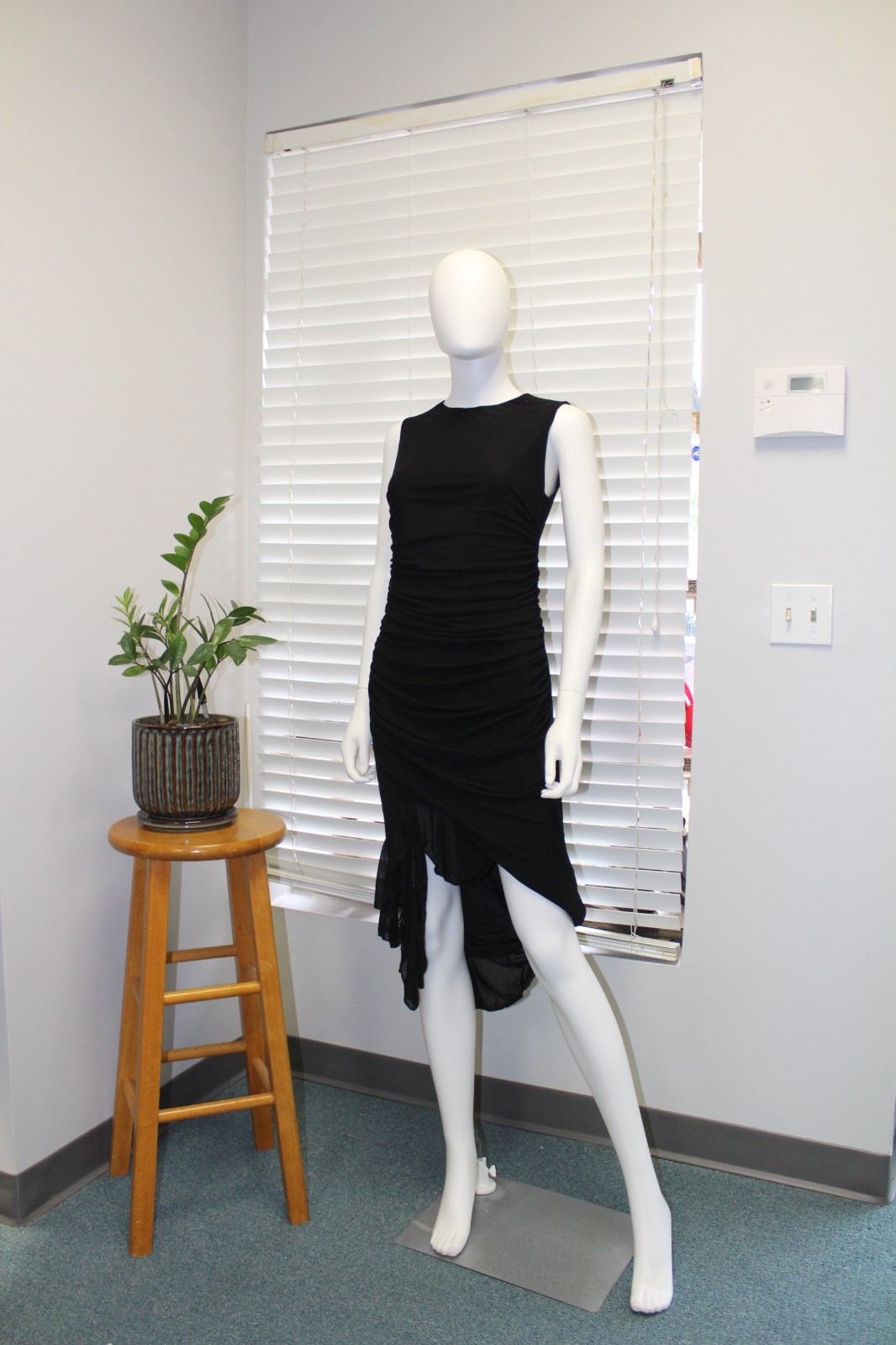 Little Black Ruched High-Low Ruffle Bodycon Dress