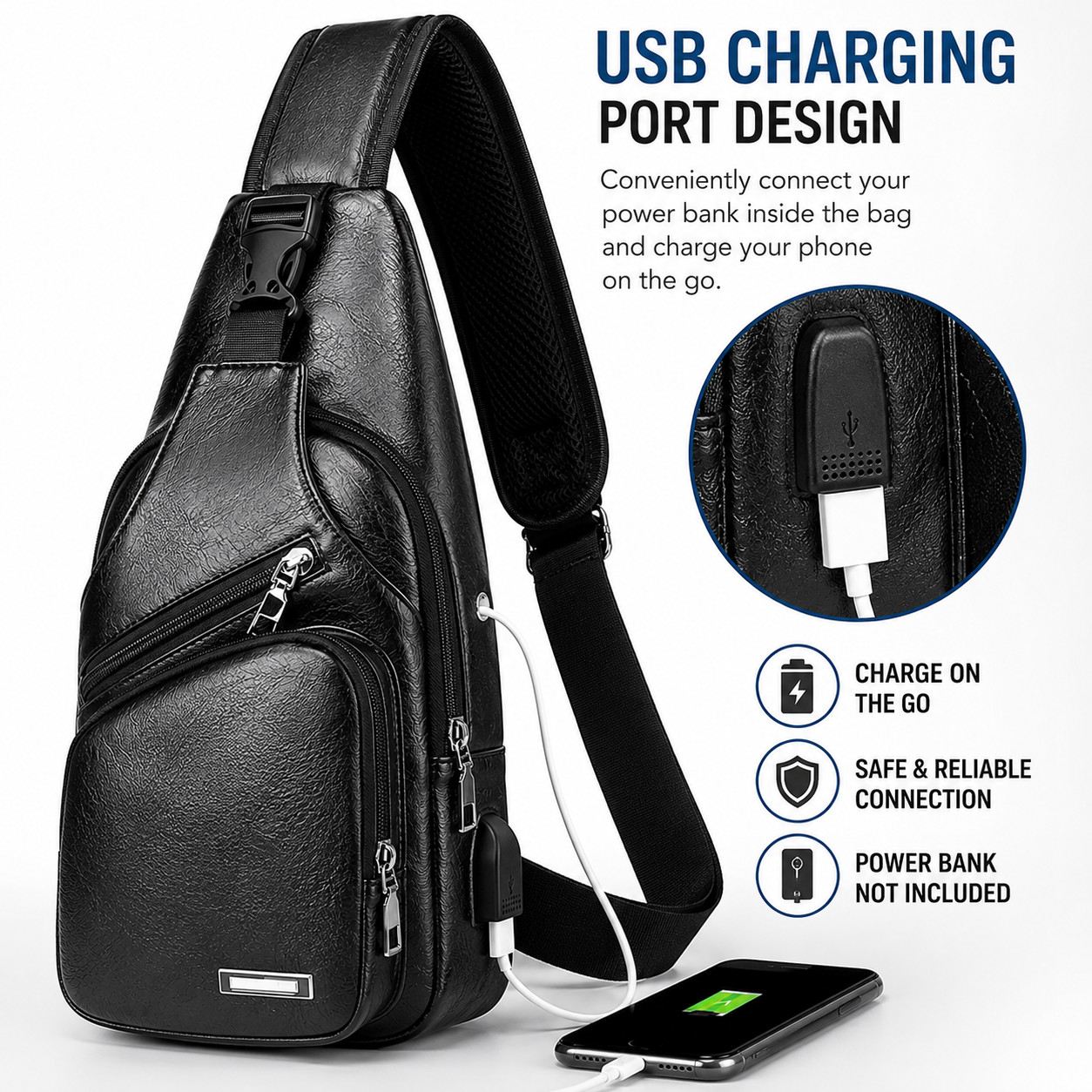 Black Chest Crossbody Bag Sling Backpack for Men with USB Charge Port