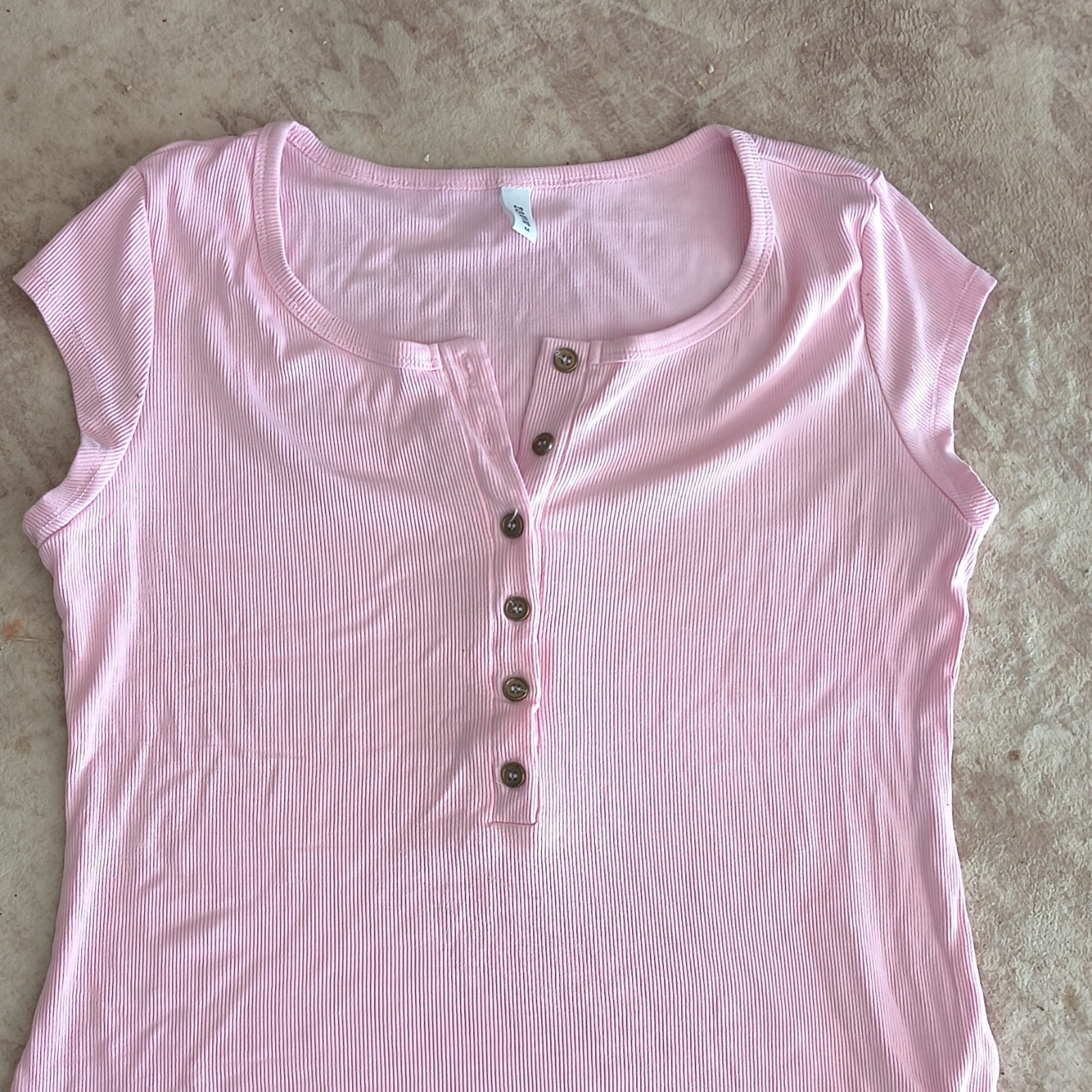 De Moohy Pink Solid Ribbed Scoop Neck Cap Sleeve Button Henley T-Shirt M