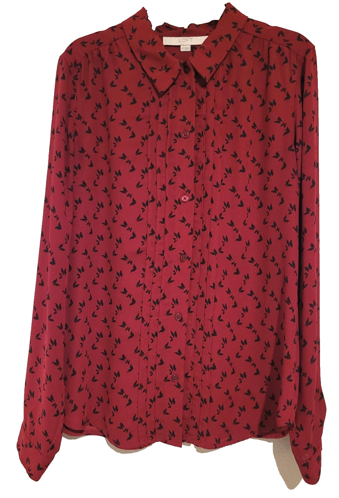 LOFT Women’s Red Butterfly Print Long Sleeve Button Down Blouse Top XS