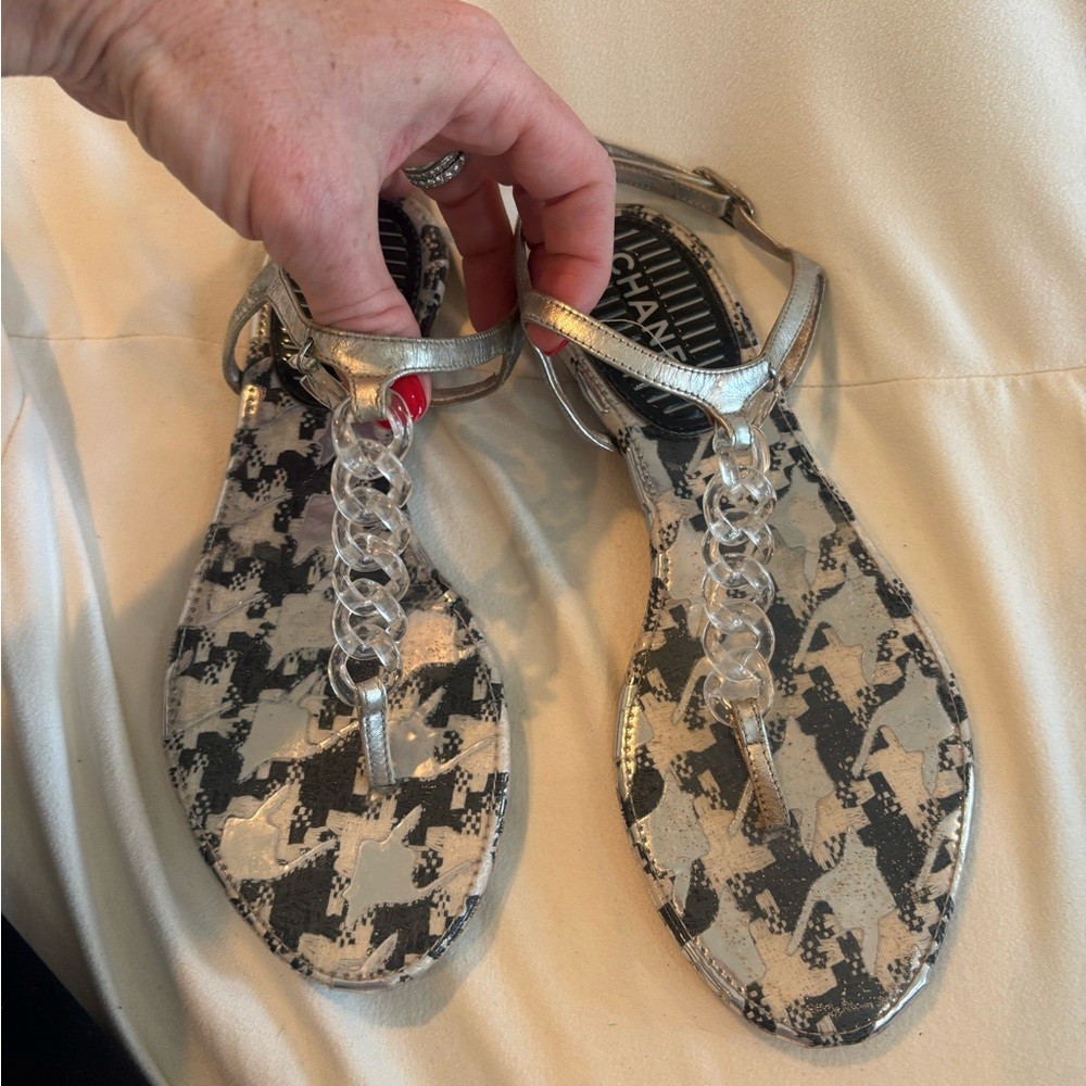 CHANEL Silver T-Strap Sandals with Clear Lucite Chain , Size 35
