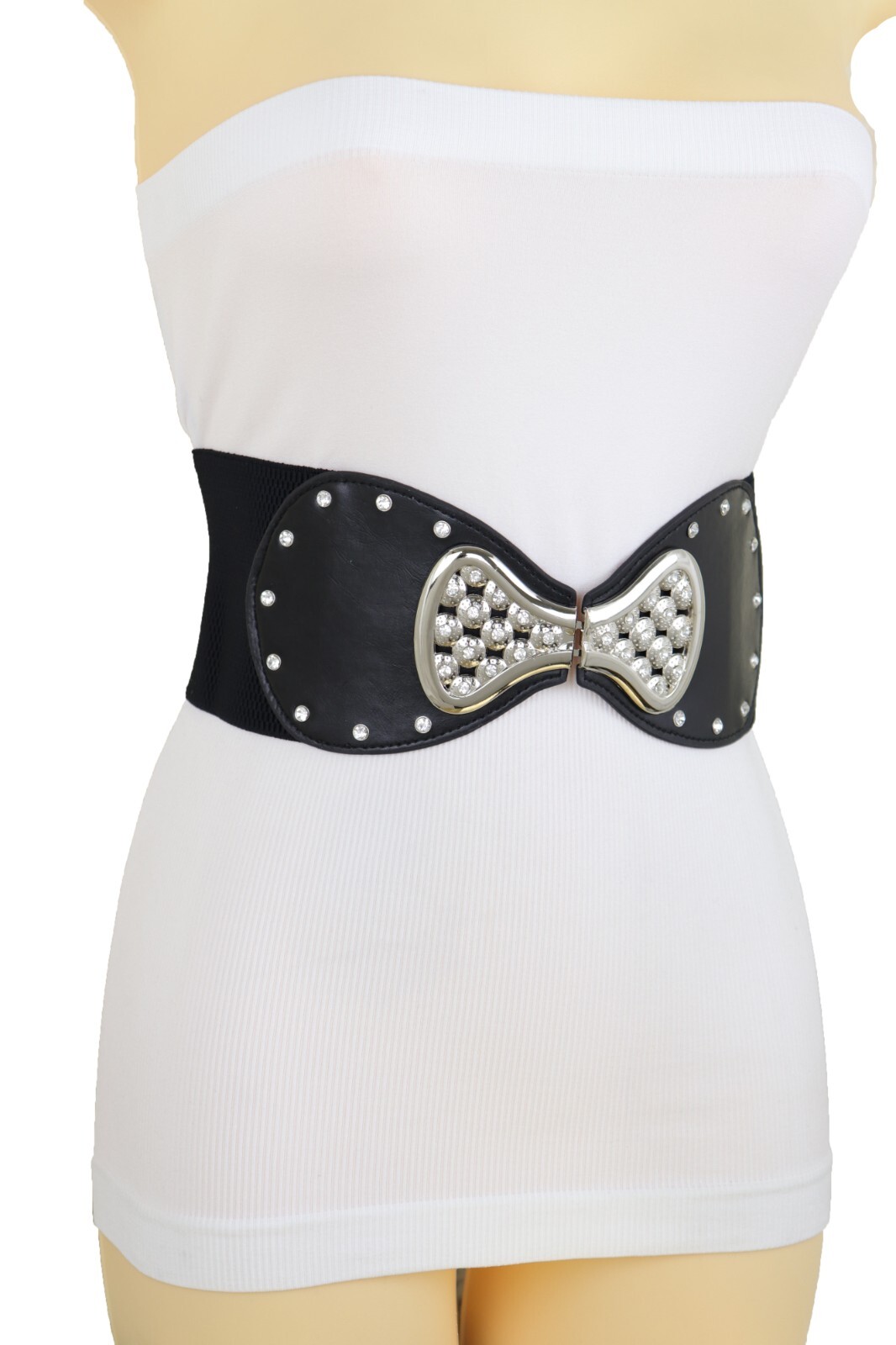 Women Wide Black Elastic Gift Present Belt Bling Bow Tie Ribbon Buckle Size S M