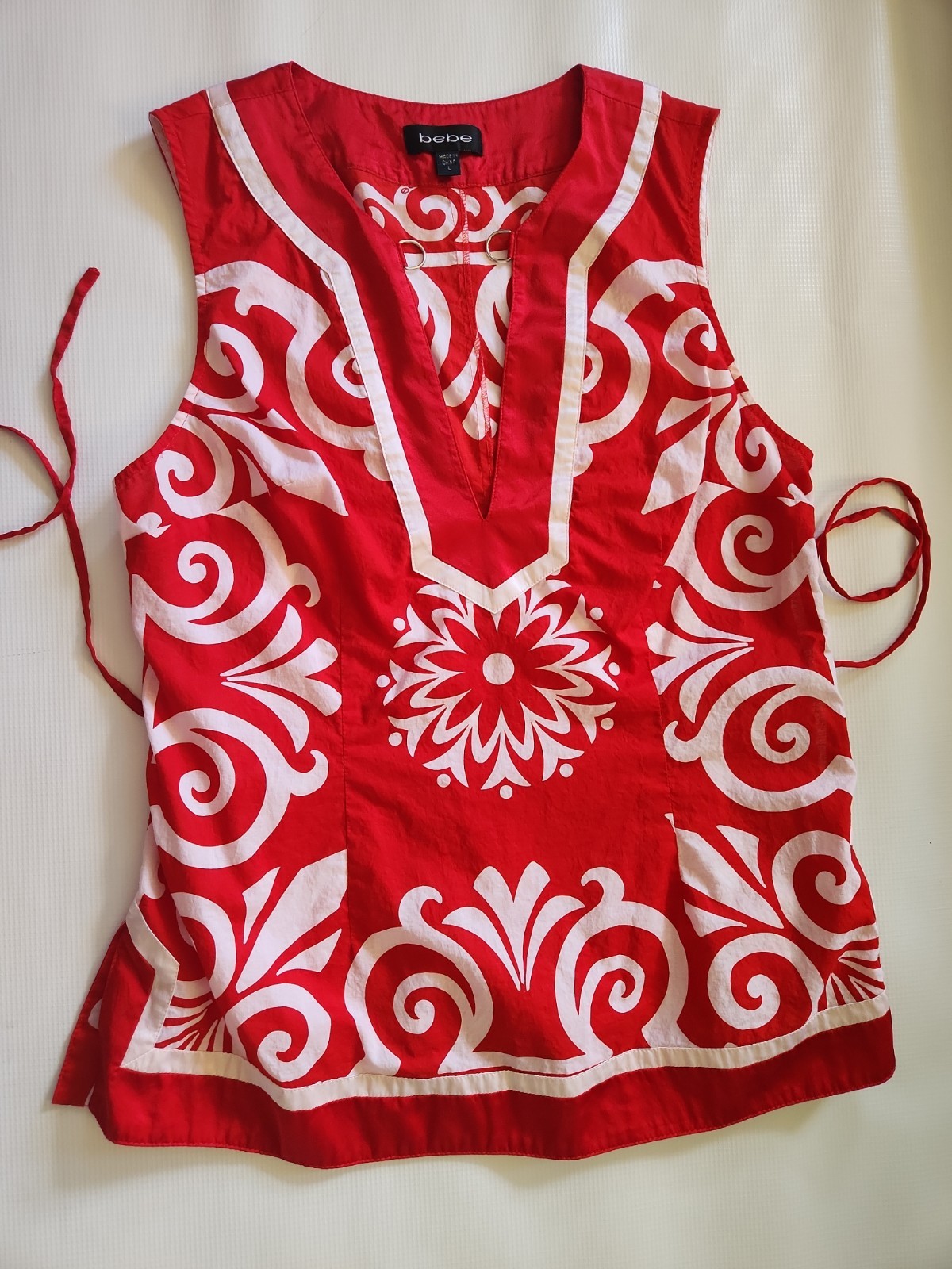 Bebe, Y2k Cotton And Silk Blouse, Side Zipper, Size Large, Red And White