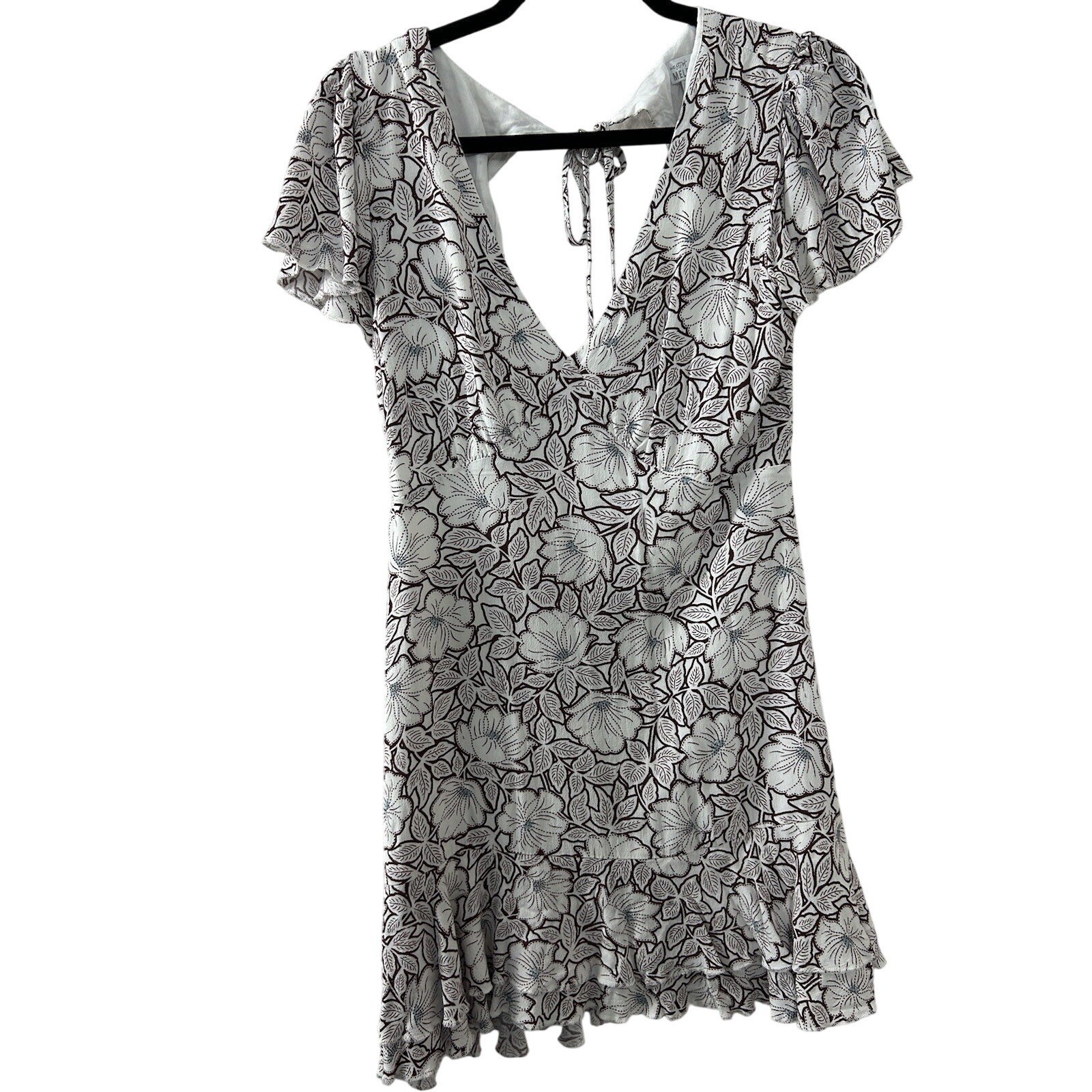West of Melrose Floral Rayon Mini Dress S White Burgundy Open Back Boho Summer