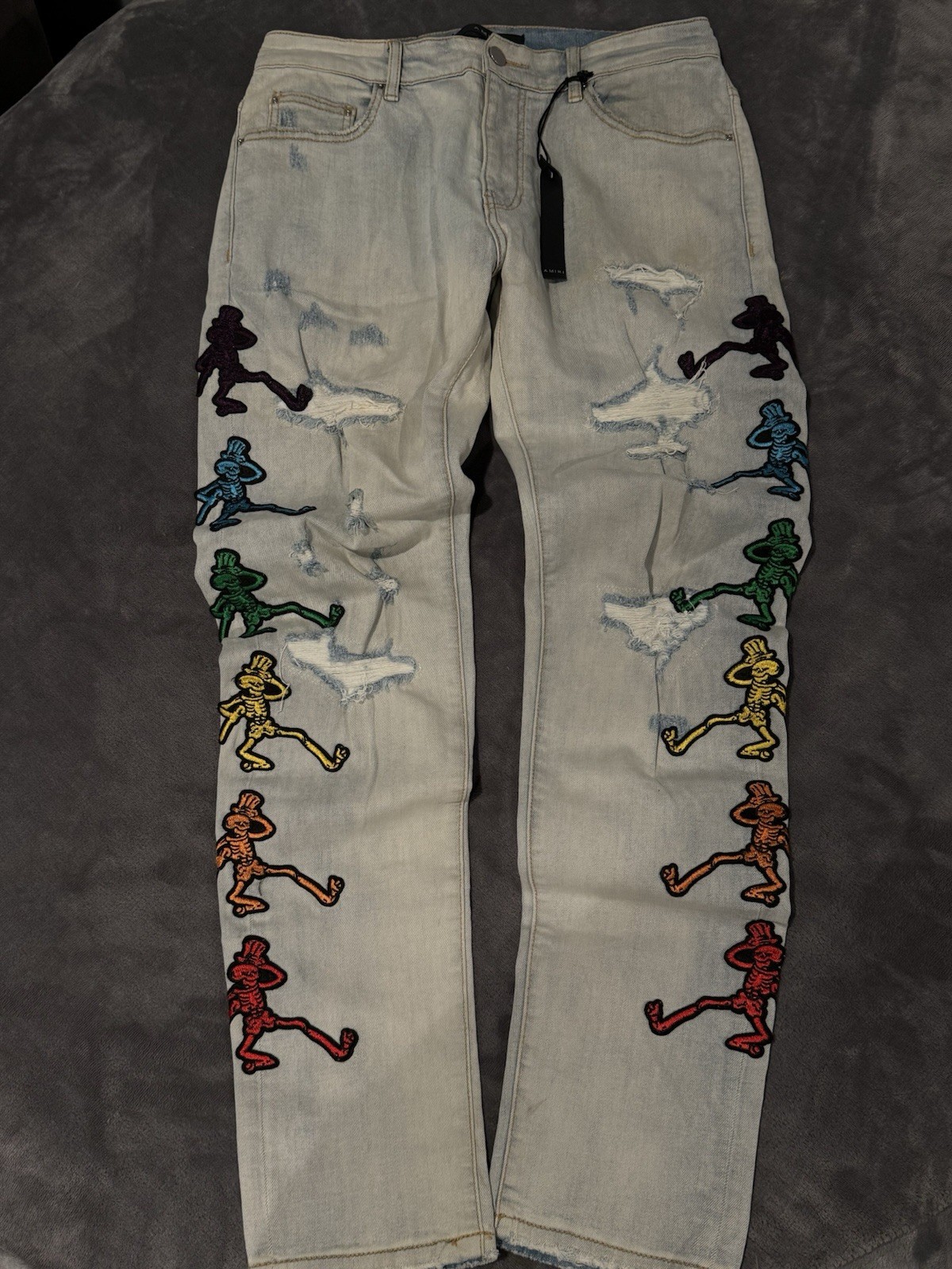 Amiri Grateful Dead Skinny Fit Embroidered Distressed Jeans 32×32