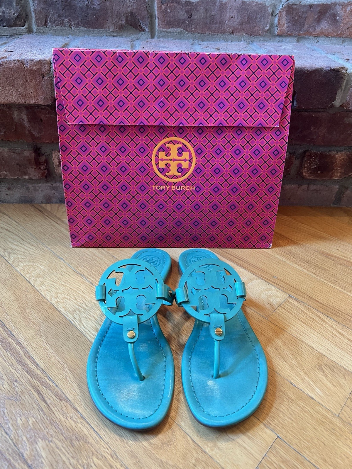 Tory Burch Island Turquoise Leather Miller Sandals