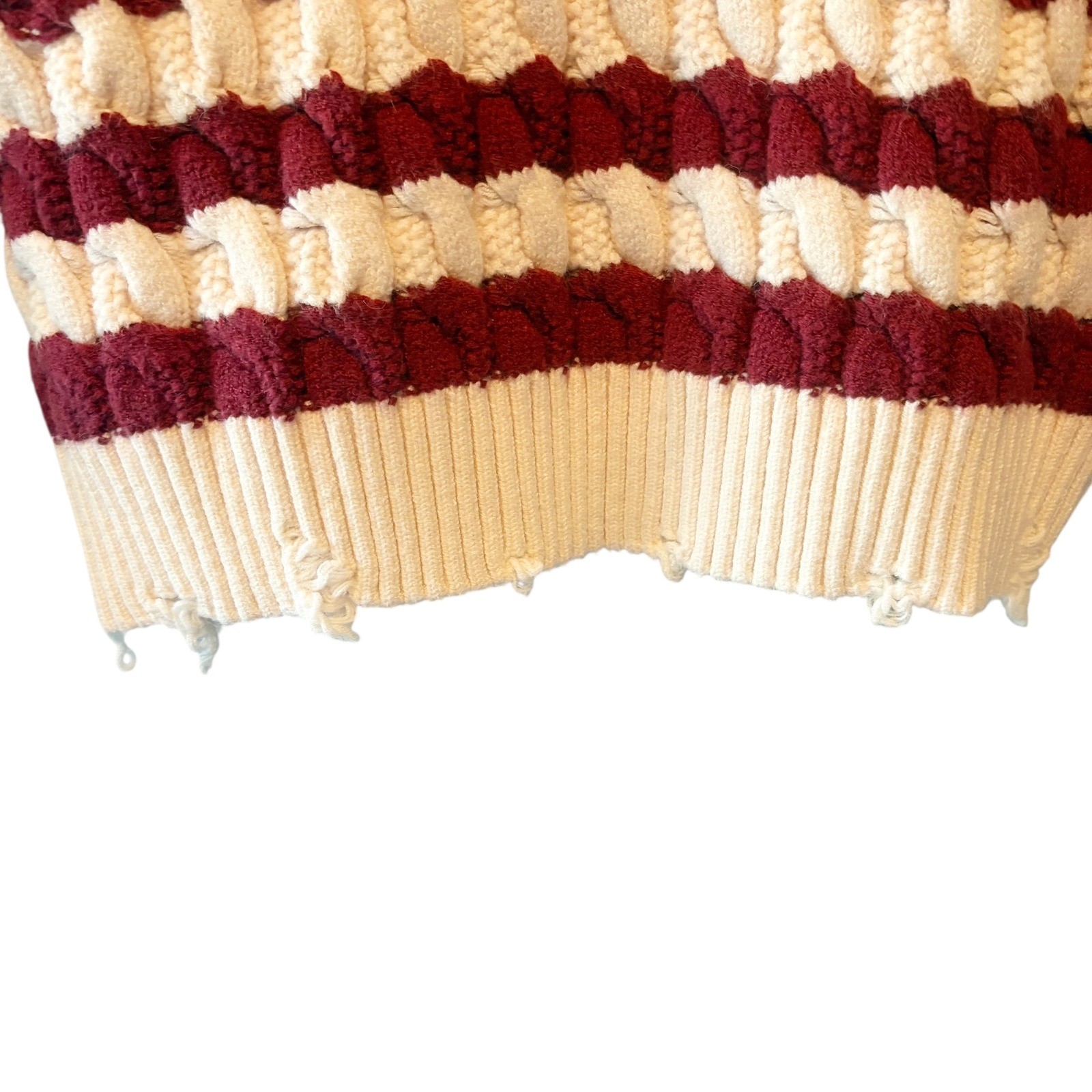 LNA Clothing Striped Cable Knit Cropped Sweater Burgundy Cream Extra Small