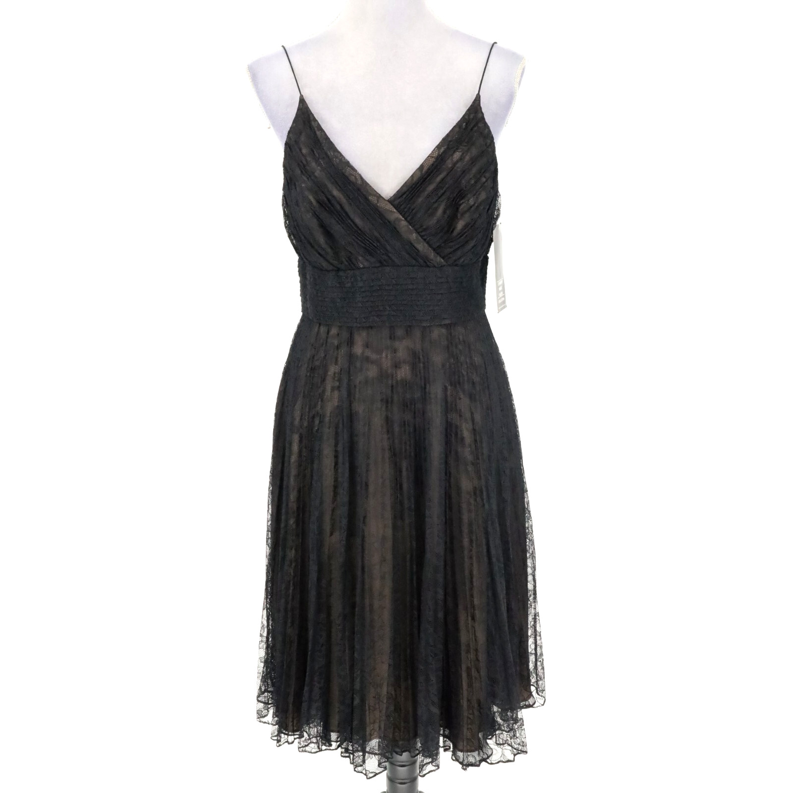Carmen Marc Valvo Dress Womens 8 Black Lace Zip Silk Lined Strappy Fit Flare New