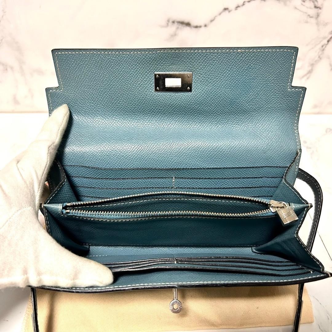 HERMES Paris Kelly Long Wallet Blue Silver Veau Epsom Leather Japan Authentic
