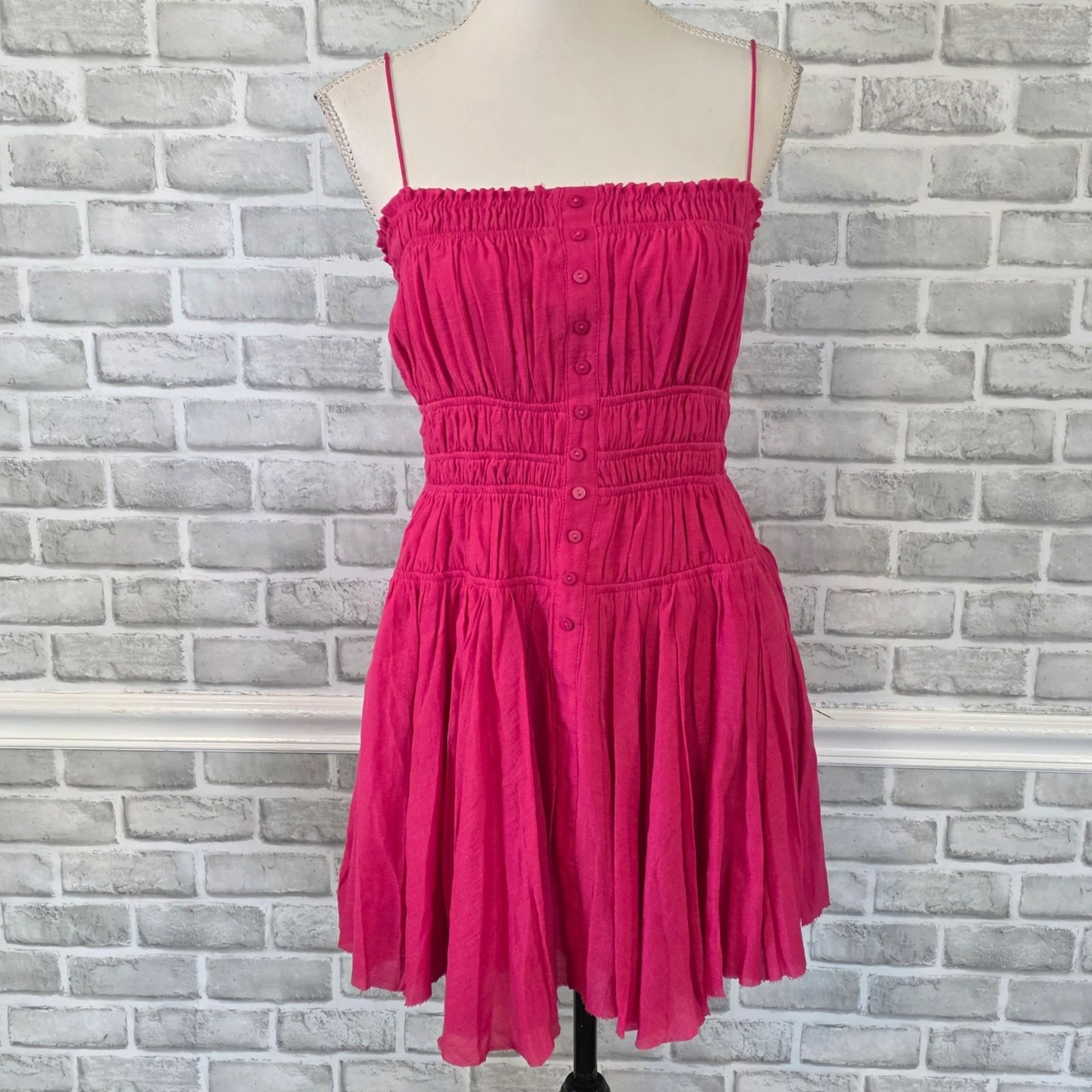 Peach Love Smocked Magenta Muslin Mini Dress Summer Vacay Sundress Size S