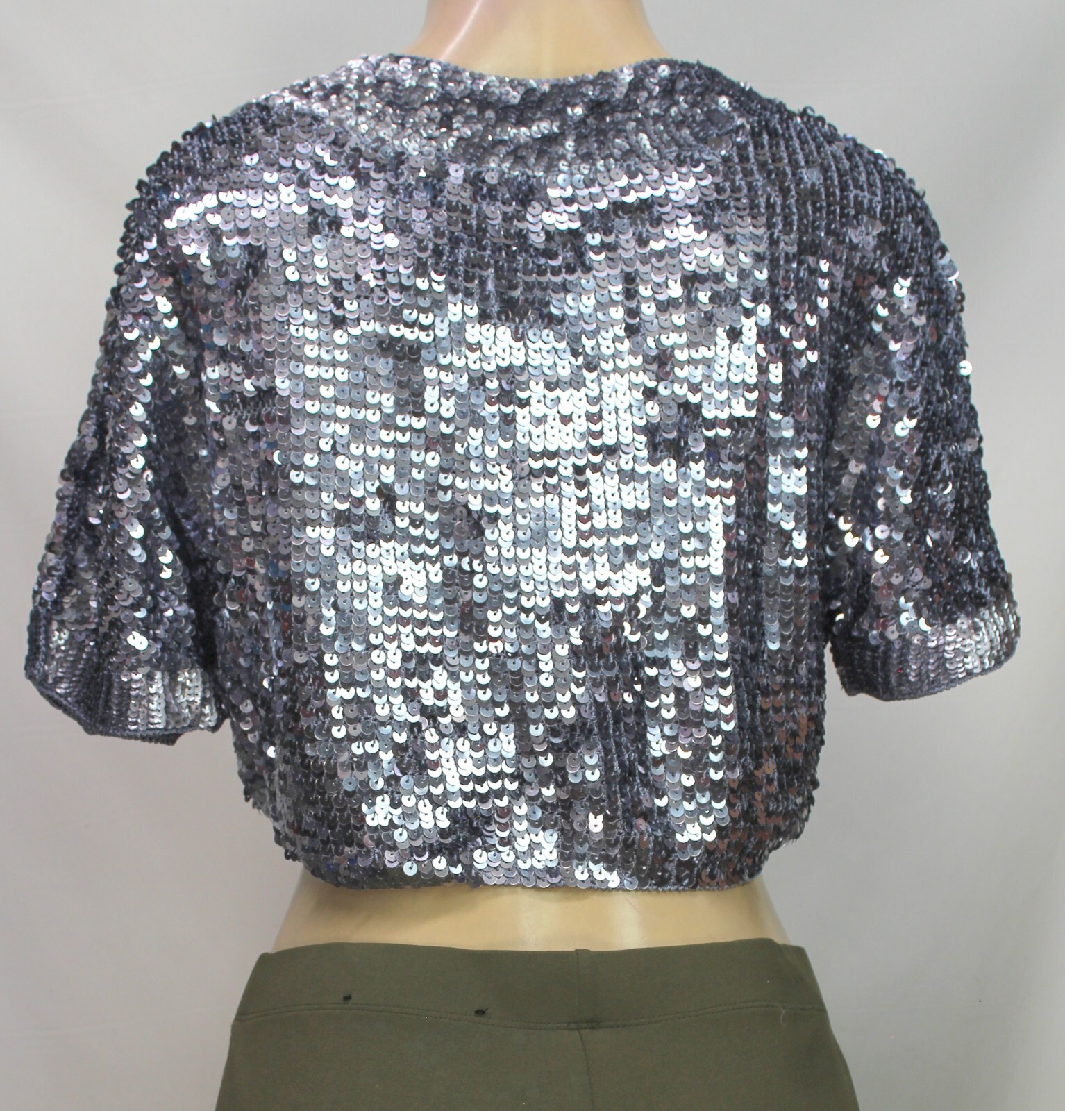 Kroshetta by Papillon Women’s Tie Up Shrug Short Sleeve Sequin Pewter Size L