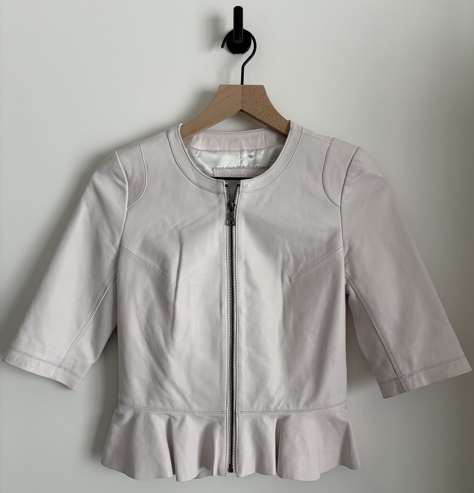 MY TRIBE Women’s Leather Peplum Lined Full Zip Off White Jacket Sz XS