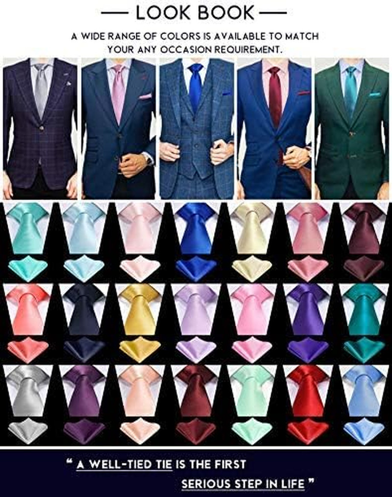 TIE G Solid Satin Woven Dyed Color Formal Black Necktie and Pocket Square Sets i