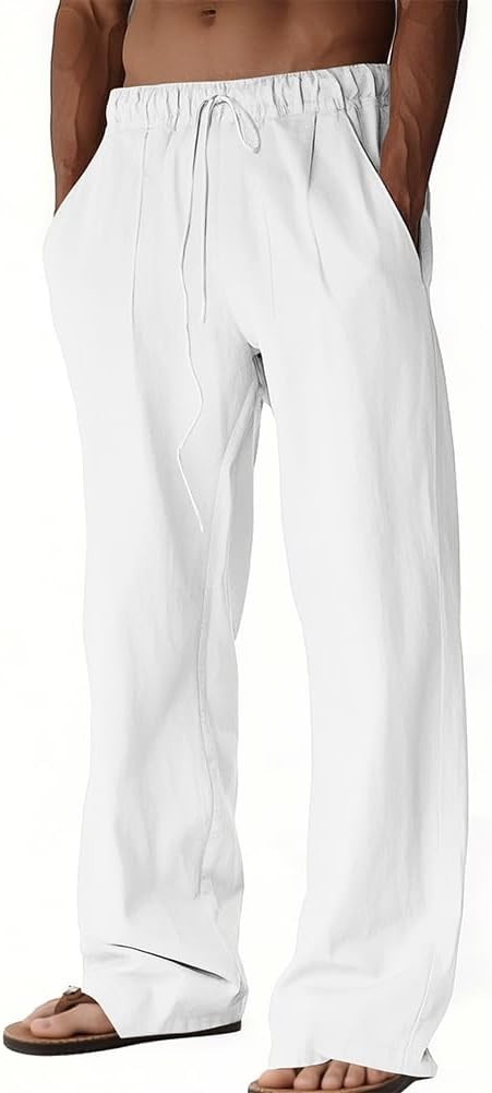 Mens Linen Casual Pants Loose Fit Drawstring Waist Lightweight Summer Beach Yoga