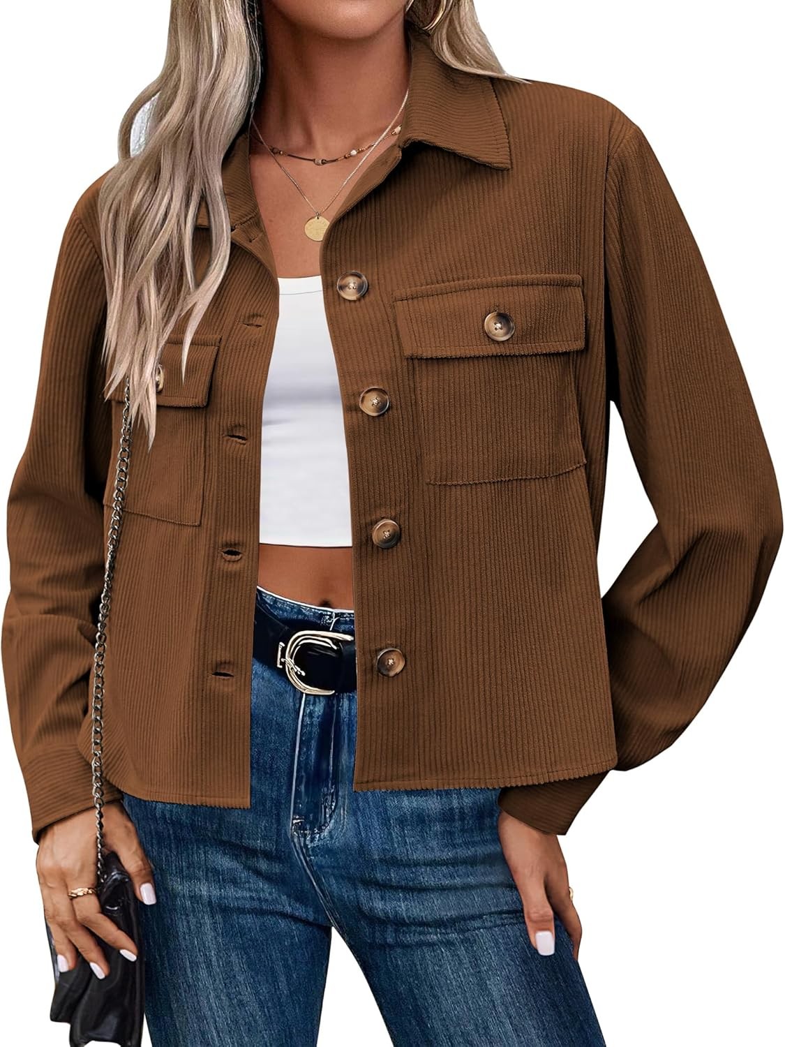 Women Cropped Corduroy Shackets Button Down Jackets Tops Fall long Sleeve Shirt