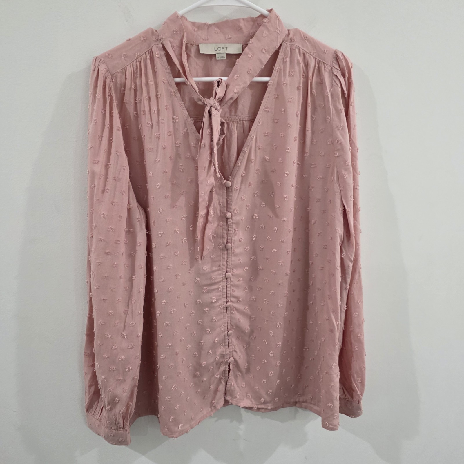 Loft Womens Top Size Medium Pink Button Up Peasant Boho Swiss Dot Scarf Neck