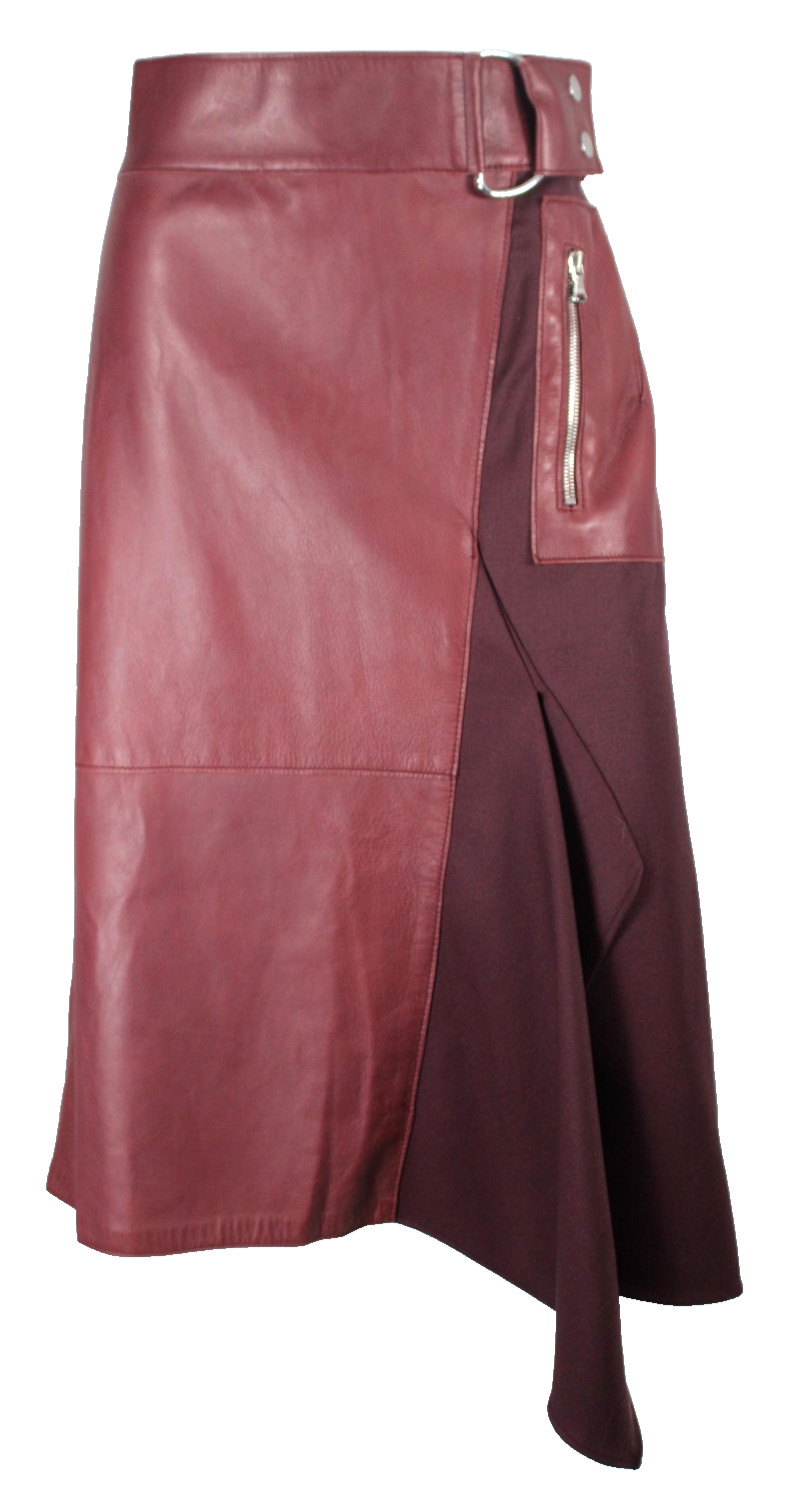 3.1 PHILLIP LIM Crimson Red Leather & Wool Twill Asymmetric A-Line Skirt 8