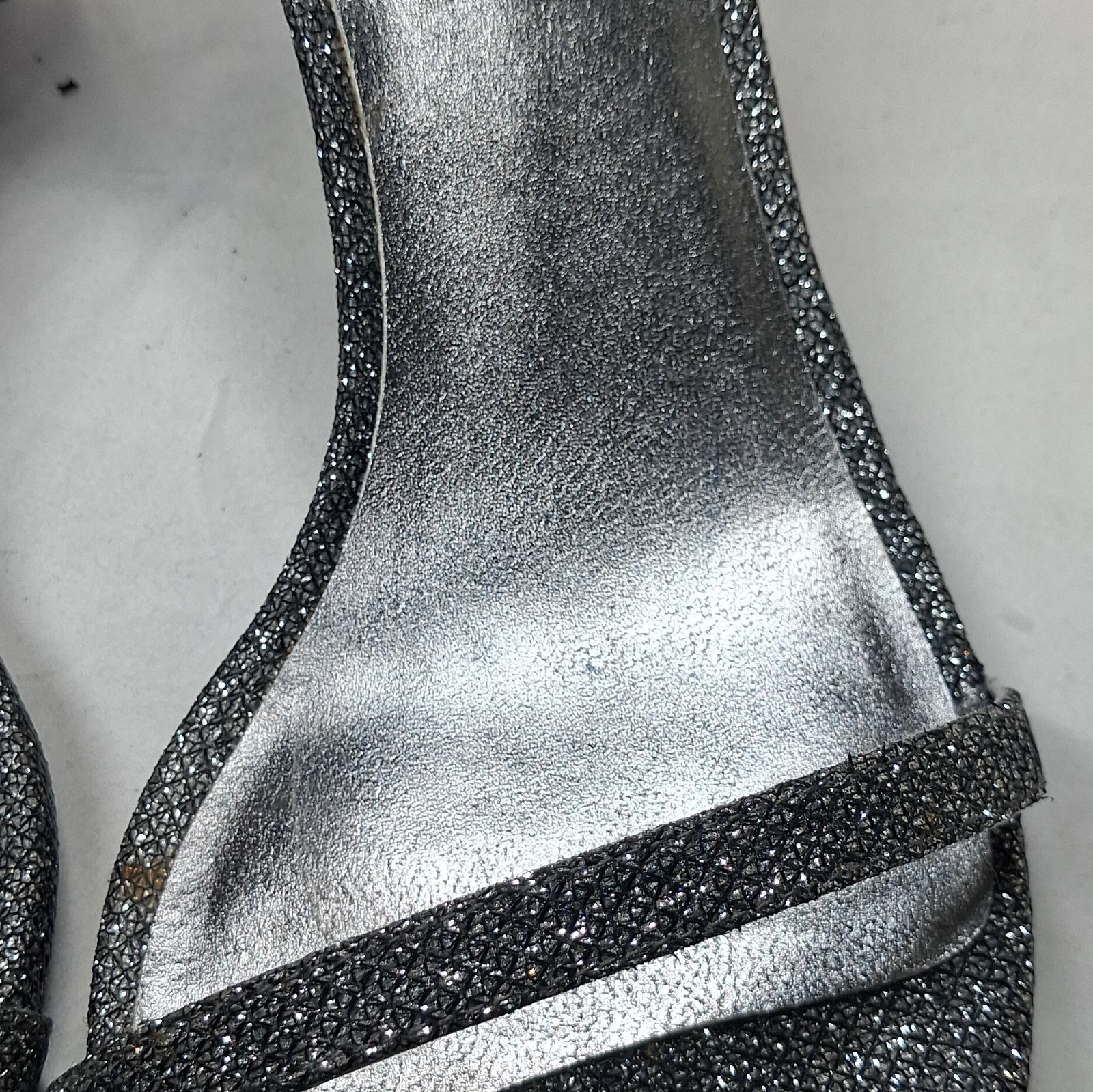 Stuart Weitzman Pewter Glitter Ankle Strap Stiletto Open Toe Heels 7B