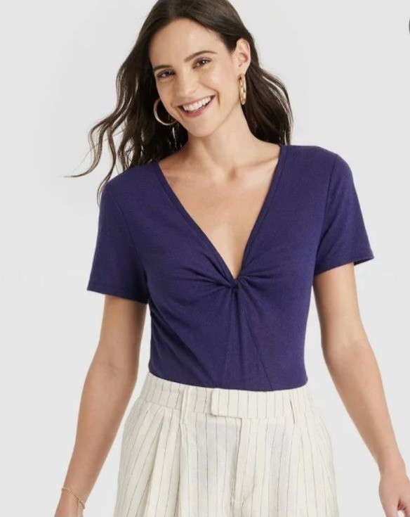 A New Day Womens Blue Linen Blend Short Sleeve V-Neck T-Shirt Size S NWT
