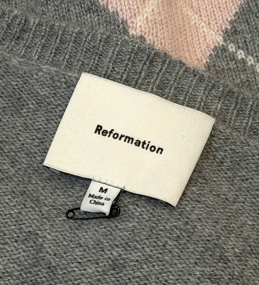 Reformation Clara Argyle Cashmere Crew Cardigan Medium