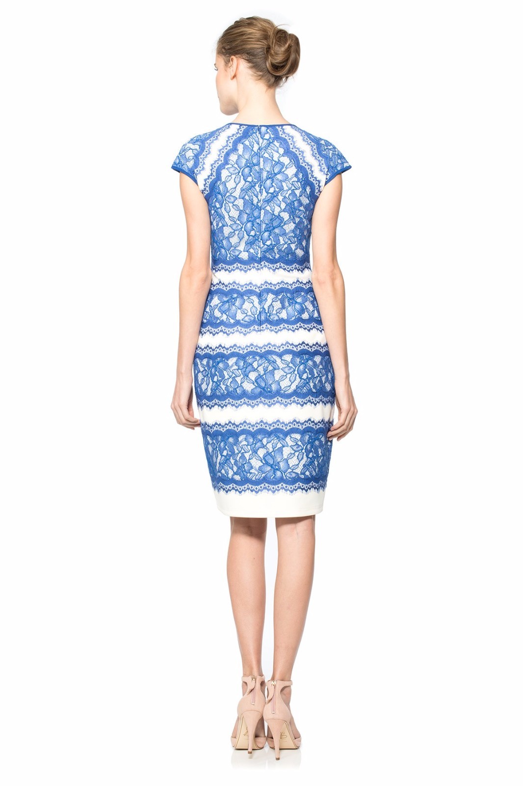 Tadashi Shoji Neoprene Lace Overlay China Blue Snow Cap Sleeve Dress $359