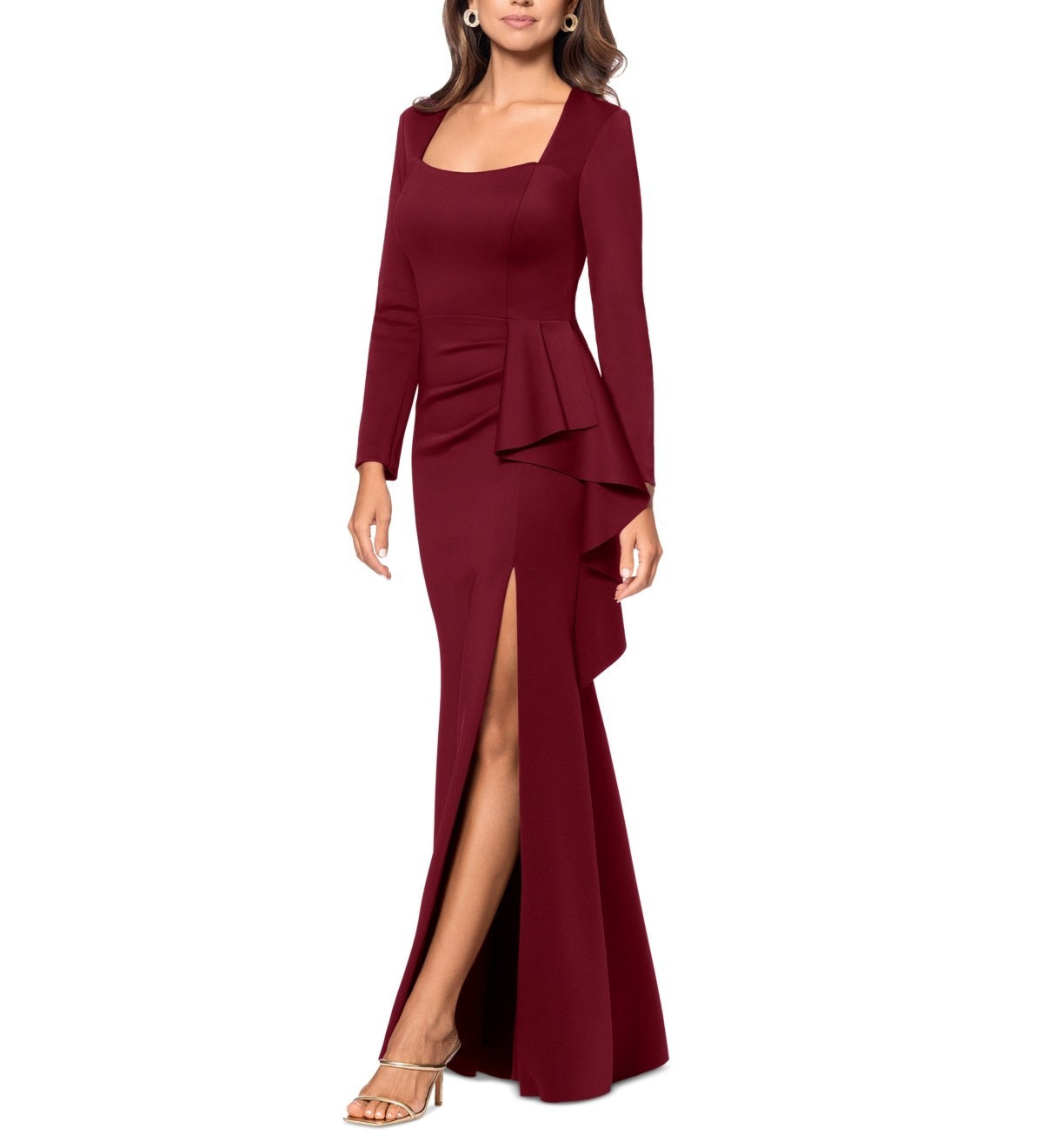 Xscape Scuba Square-Neck Ruffle-Side Gown MSRP $249