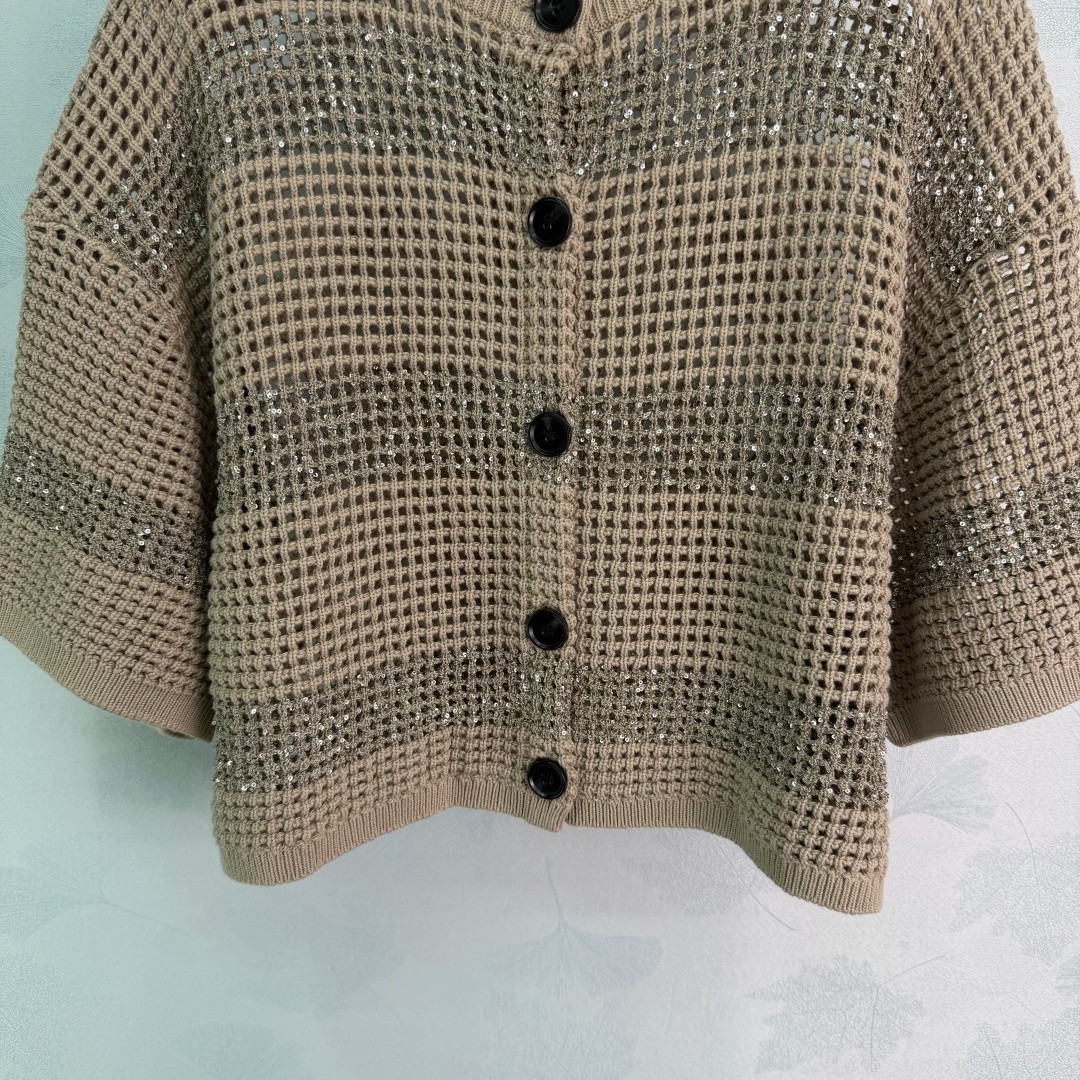 Brunello Cucinelli Women’s Openwork Knit Sequin Short-Sleeve Top, Size S