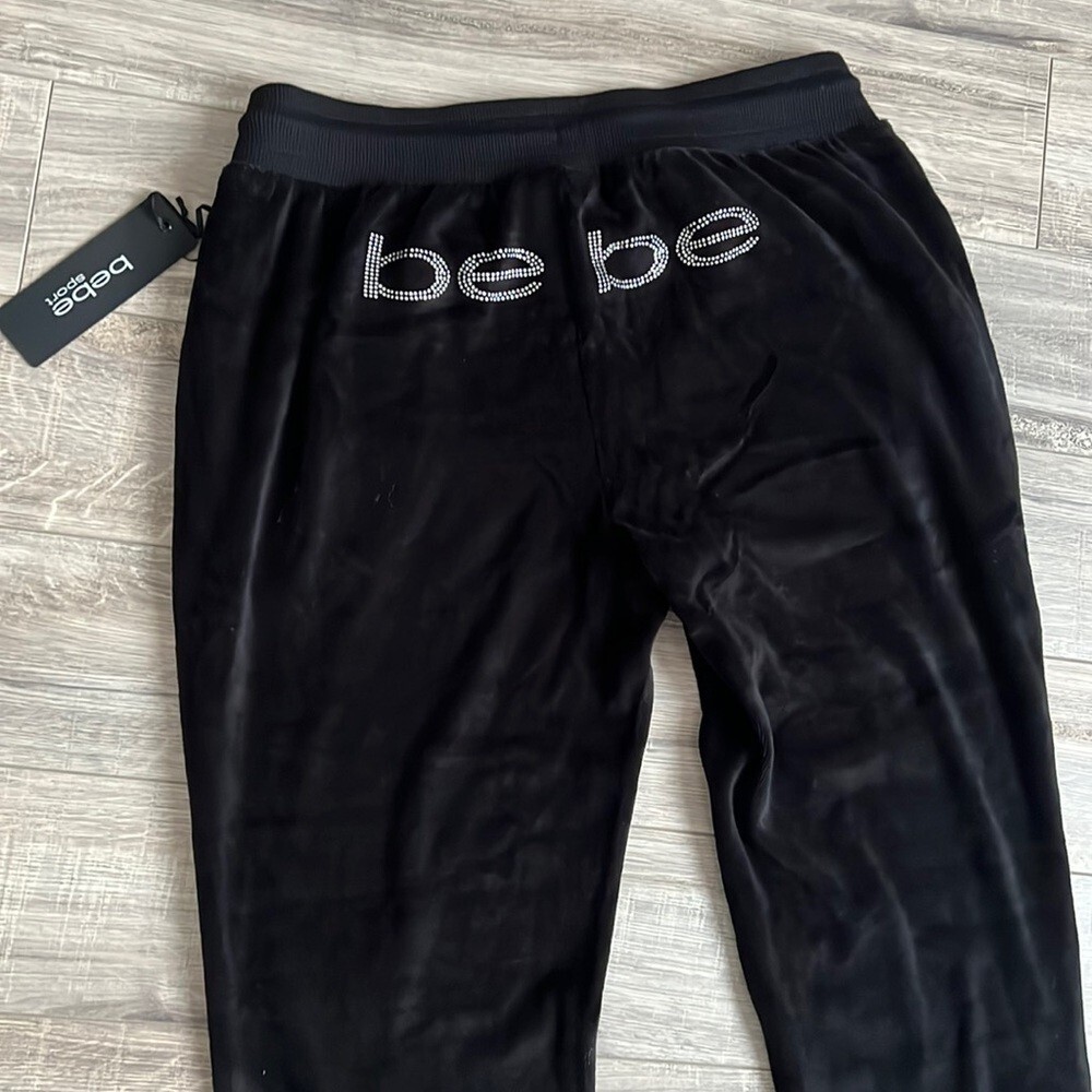 Bebe jogger sweatpant rhinestone Swarovski crystal logo on bum black velvet y2k
