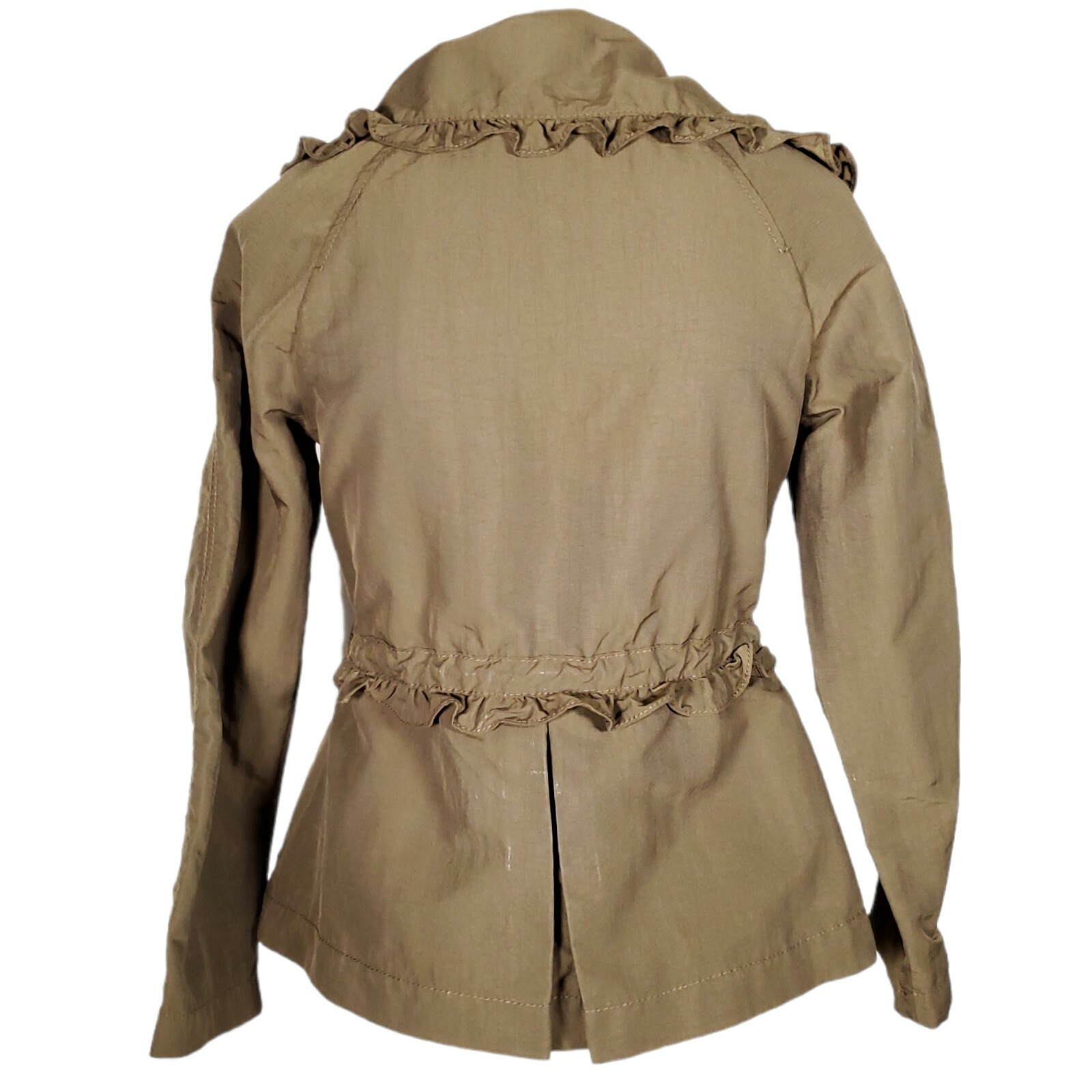 LOFT Bomber Jacket Coat Olive Green Army Ruffle Cinched Adjustable Wasit