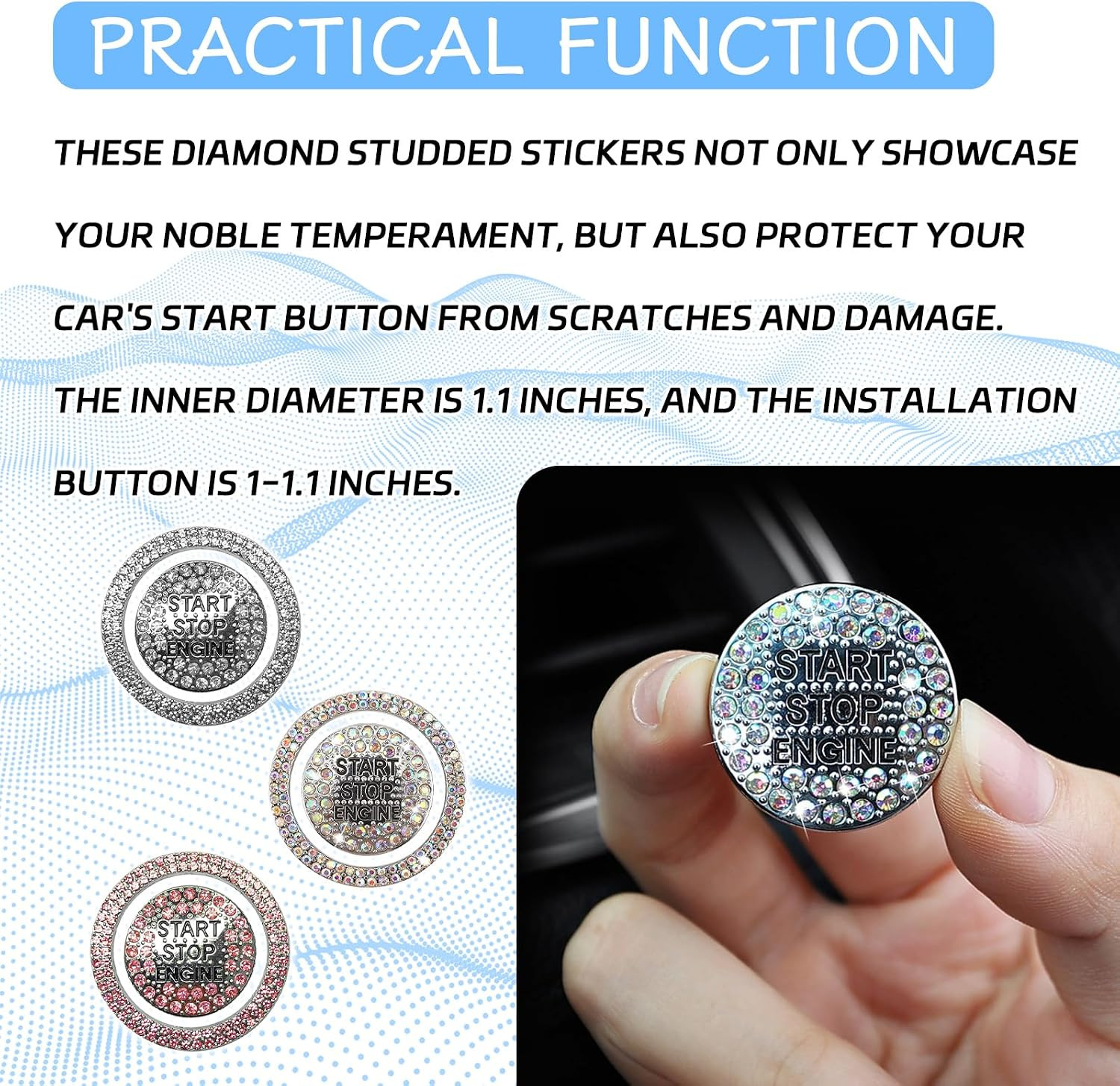 2PCS Rhinestone Push Start Button Cover Bling Car Accessories for Women, Sparkly