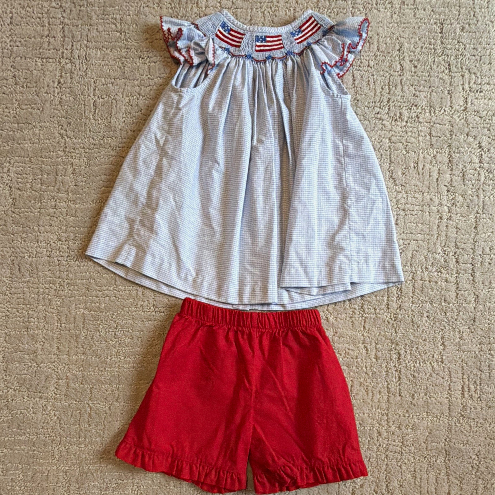 Southern Sunshine Girls 2pc Smocked Embroidered Flag Gingham Top Red Shorts 3