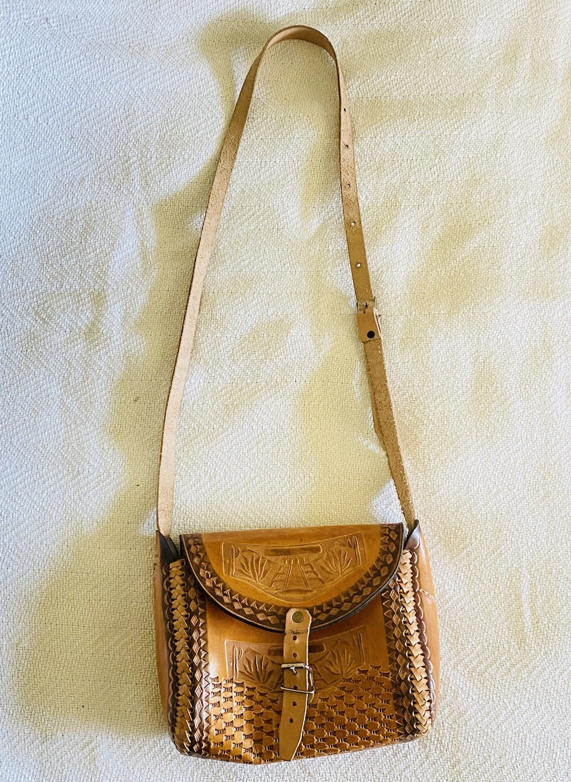 Hand Tooled Leather Colorblock Braided Studded Shoulder Bag Buckle Mexico