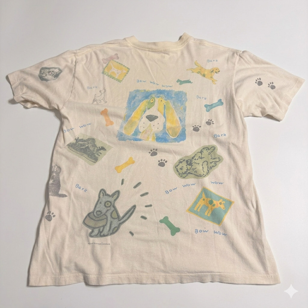 Vintage 1997 Relevant Products All Over Print Dog Bow Wow T-Shirt Large