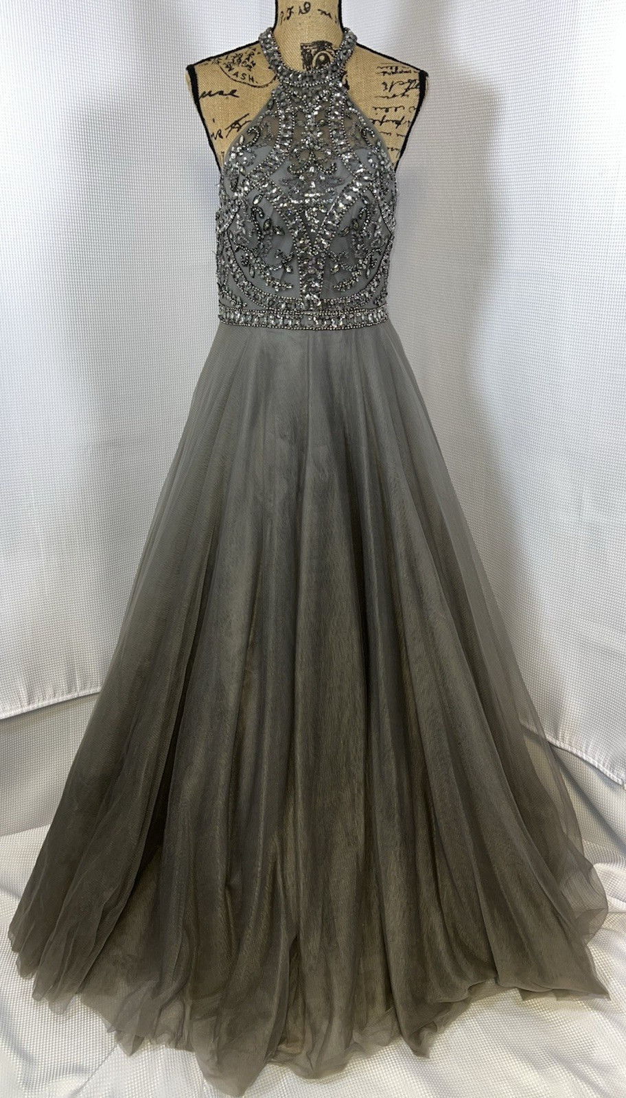 Coya Collection Gray Open Back Jeweled Formal Ball Gown Maxi Tulle v33