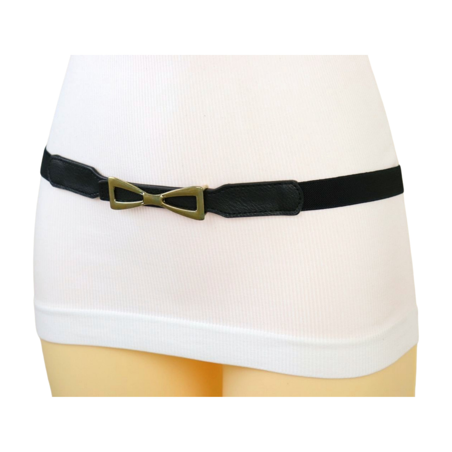 Women Black Elastic Strap Narrow Belt Rusty Gold Metal Bow Tie Ribbon Buckle S M