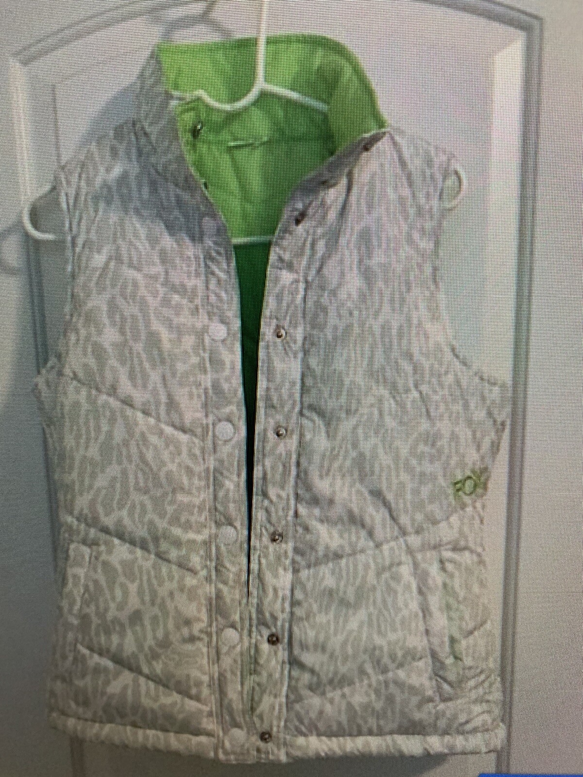 Women’s Fox Racing Green & White Cheetah Print Full Zip Puffer Vest Size Medium