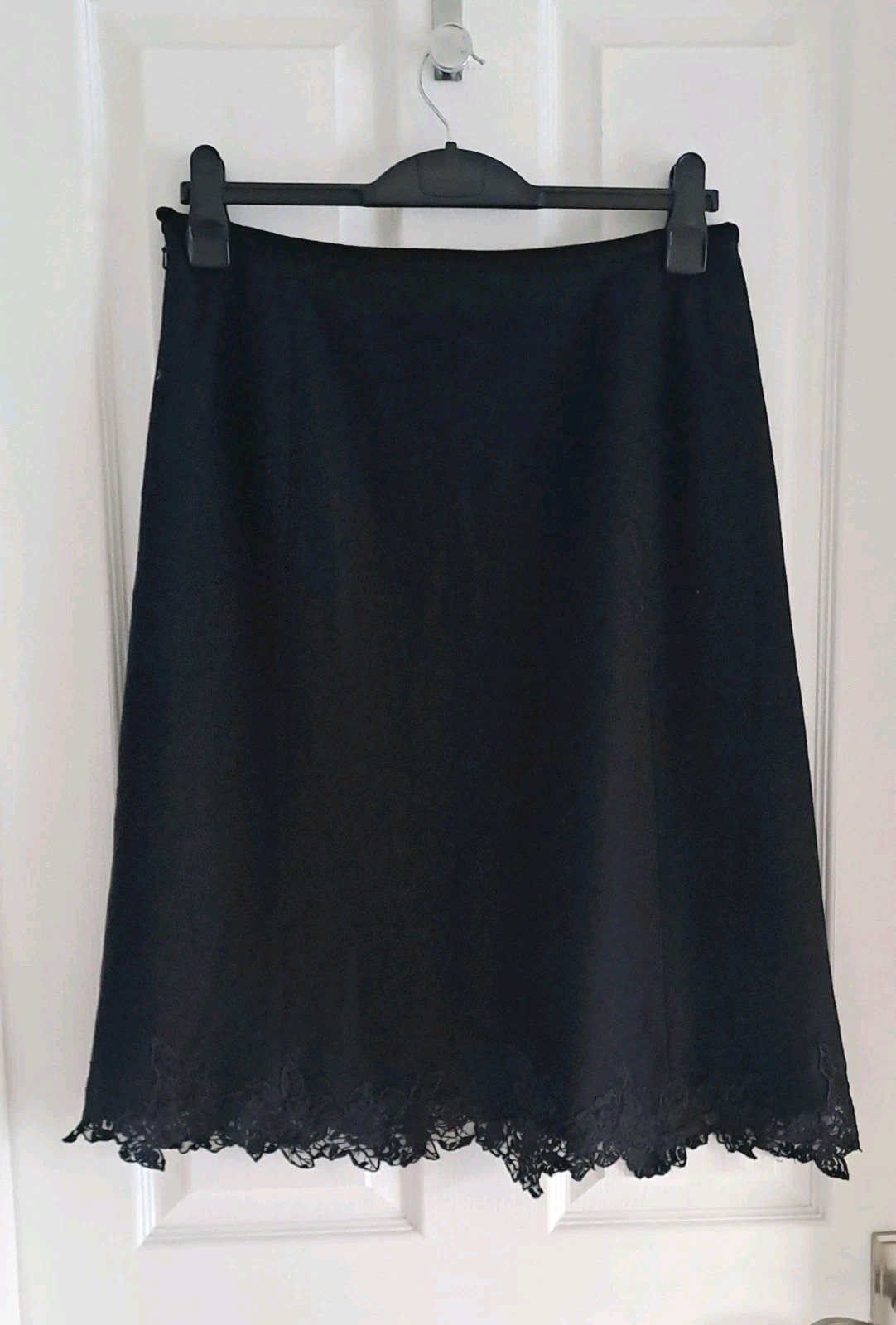 Next Wool Viscose Blend Lace Trim Skirt Black A line Knee length Womens UK 14
