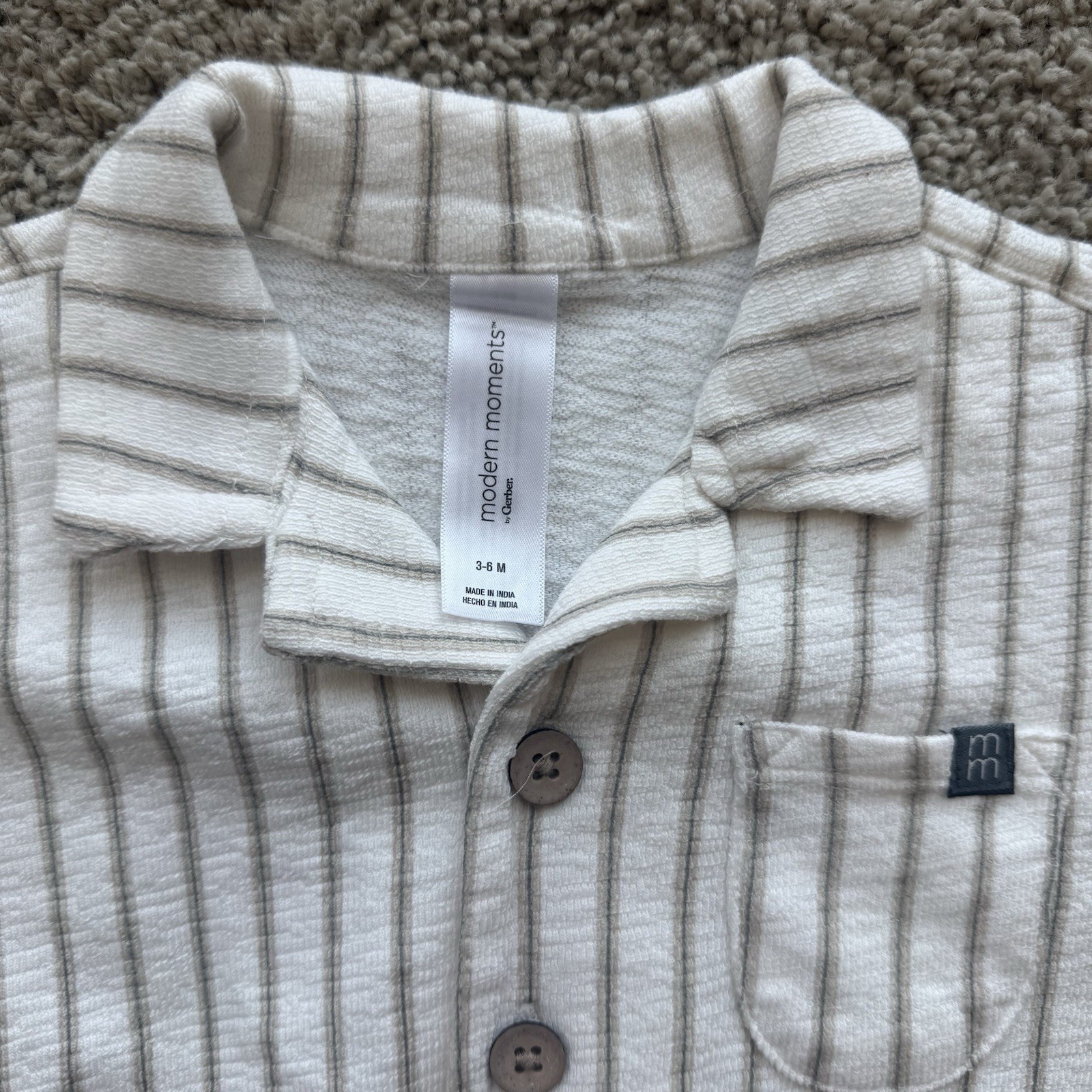 Modern Moments 3-6M White/Gray Striped Cotton Knit Romper Collared Button