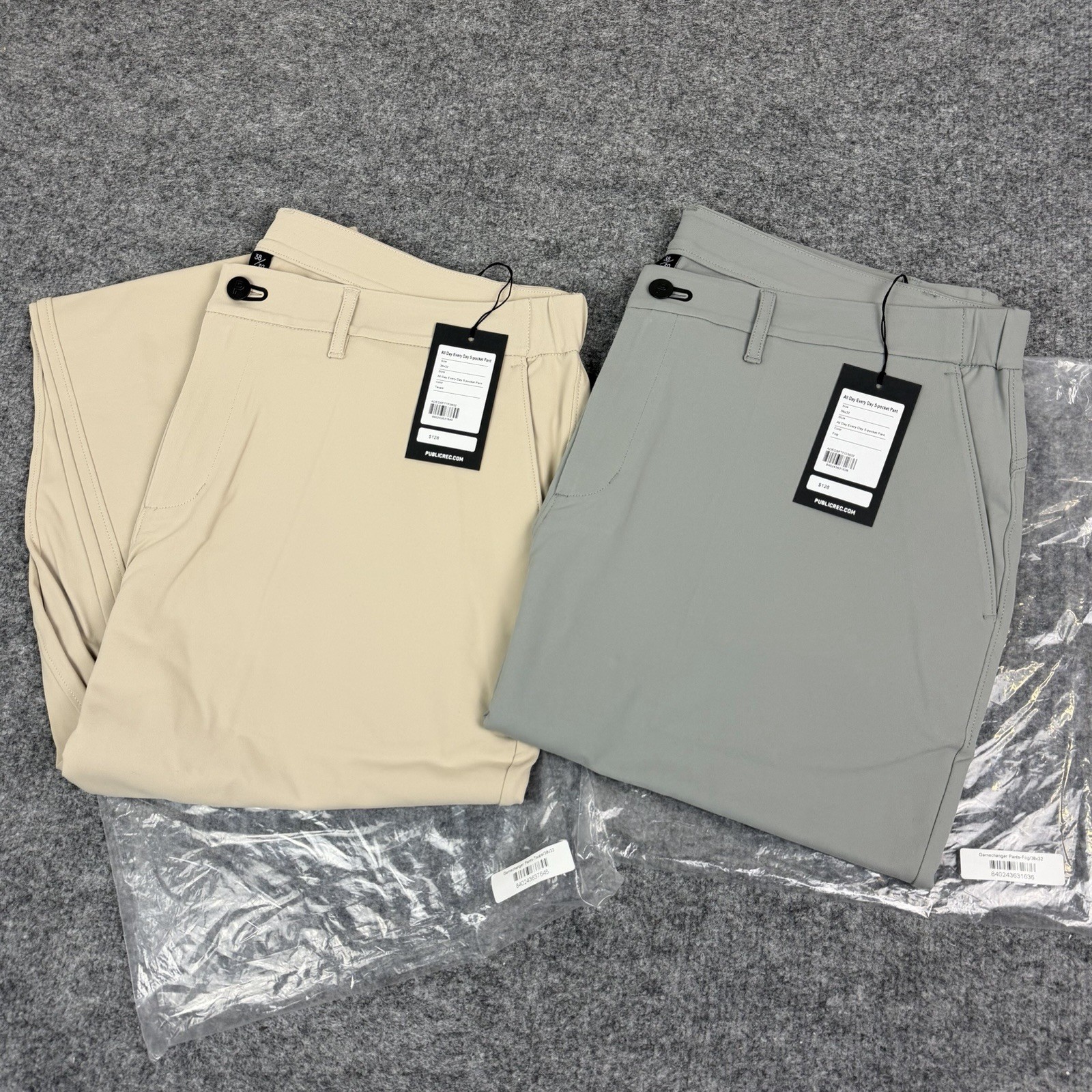 Public Rec All Day Every Day Pants 38×32 Lot of 2 Taupe Fog 5 Pocket Stretch NWT