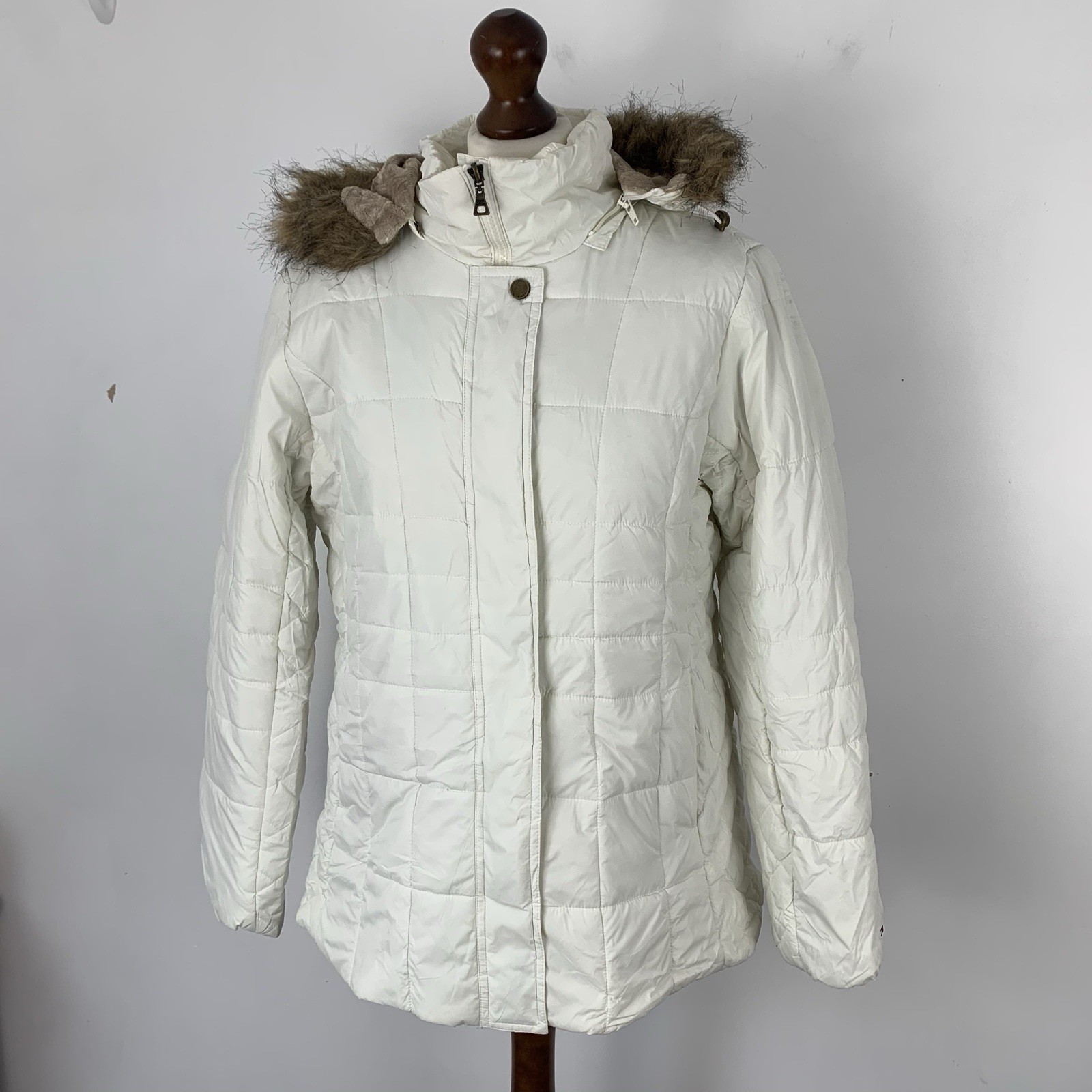 Tommy Hilfiger Quilted Jacket Womens Large White Hood Faux Fur Trim Winter Coat