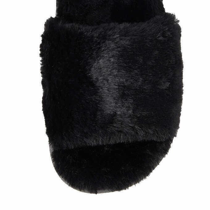 32 Degrees Heat Plush Fuzzy Warm Slippers Faux Fur Cushion Slides, Black