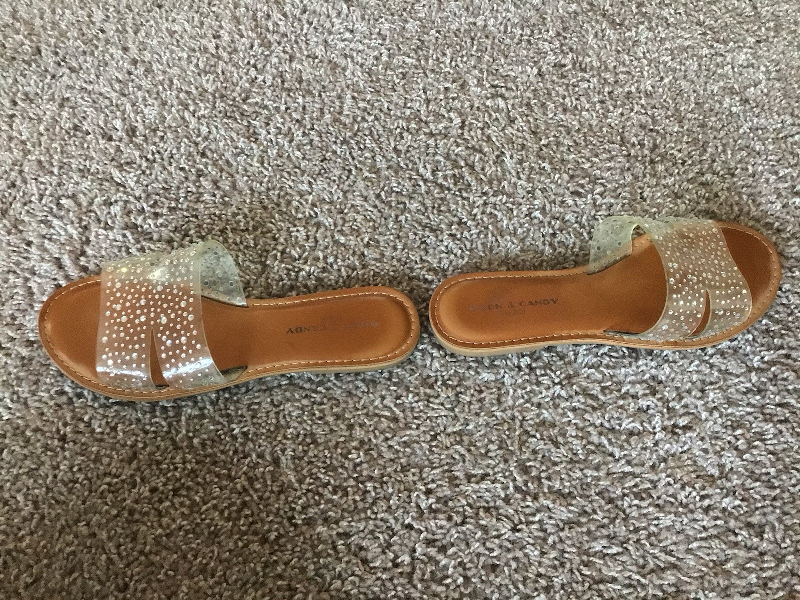 Rock & Candy Women’s Clear Rhinestone Slide Sandals Brown Footbed Slip On 8