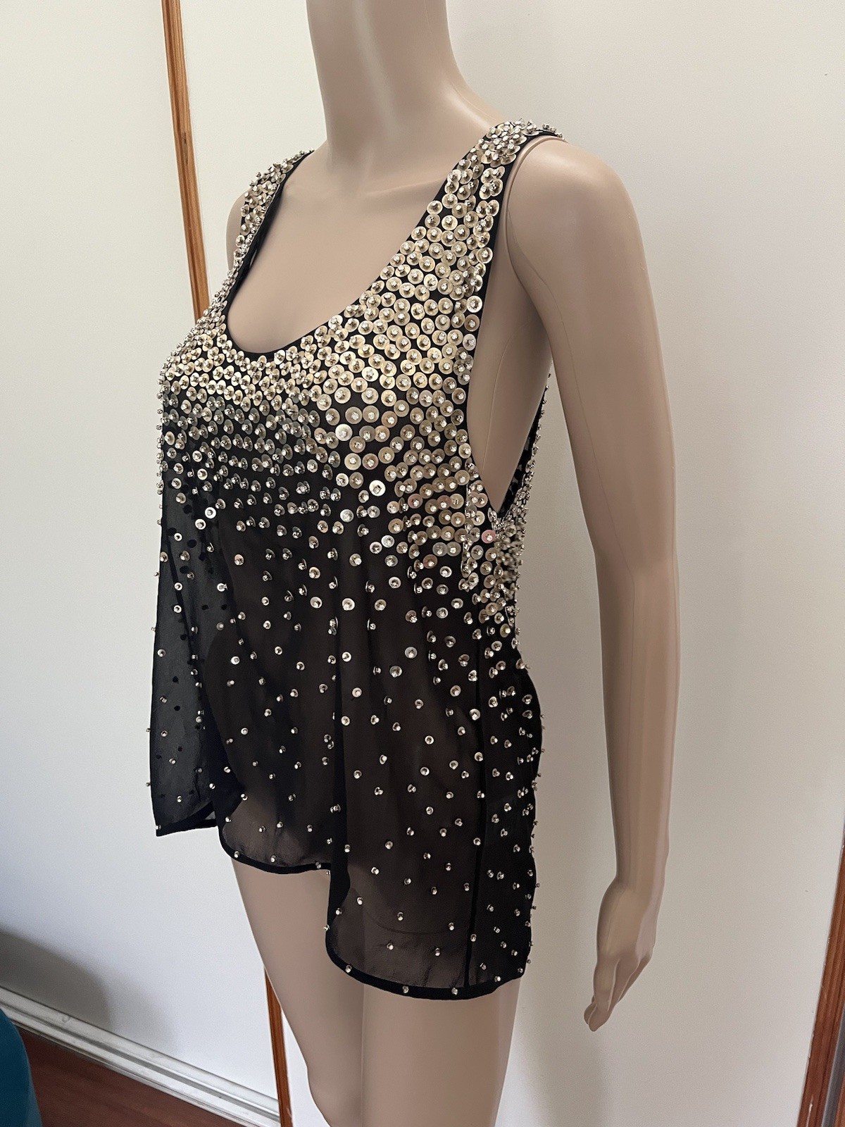 RETROFETE Marissa sequin Top Singlet Blouse Size Medium Black Silver
