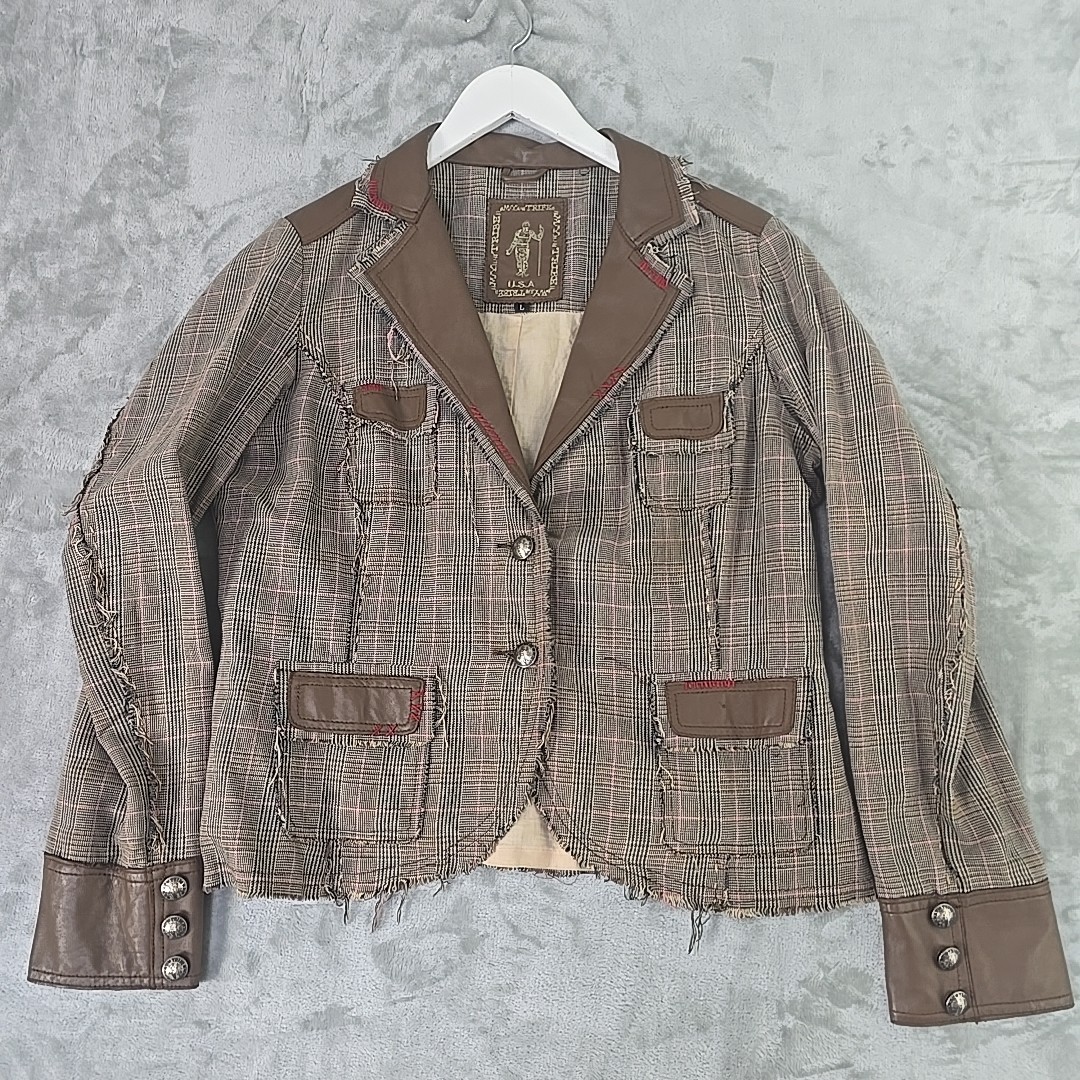 MY TRIBE Women’s Leather Linen Jacket Large Brown Houndstooth Western Boho USA
